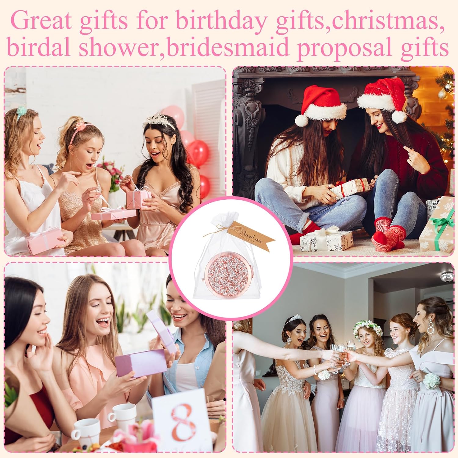 12 Sets Small Compact Mirror Round Pocket Makeup Mirror with Thank You Tags, Twine, Organza Bags Magnifying Rhinestone Cosmetic Mirror for Purse Women Girls (Classic Colors)