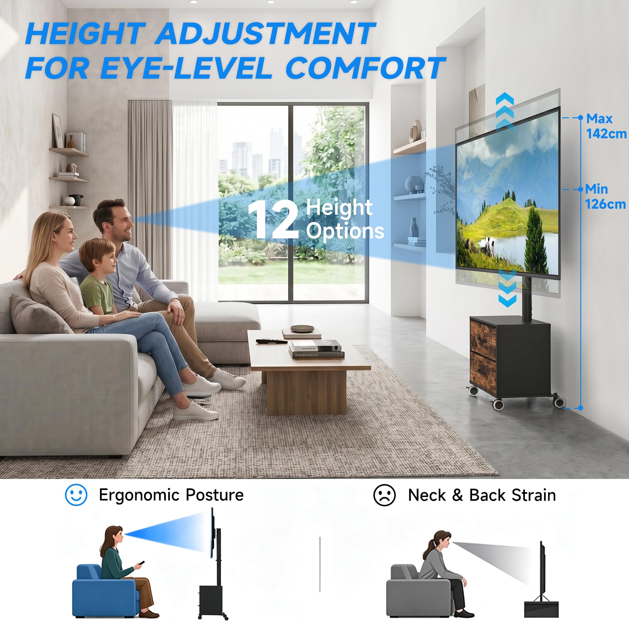 5Rcom Supporto TV nero su ruote per TV LED LCD OLED al plasma da 32-60 pollici, mobile TV piatto curvo regolabile in altezza con staffa fino a 40 kg, supporto mobile per TV con cassetti max VESA 400 x