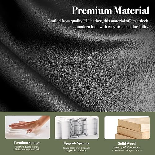 Miniatura 7 de Sofá biplaza de 57 pulgadas de ancho, pequeño sofá negro de piel sintética con puertos de carga USB, sofás de dos plazas modernos de mediados de