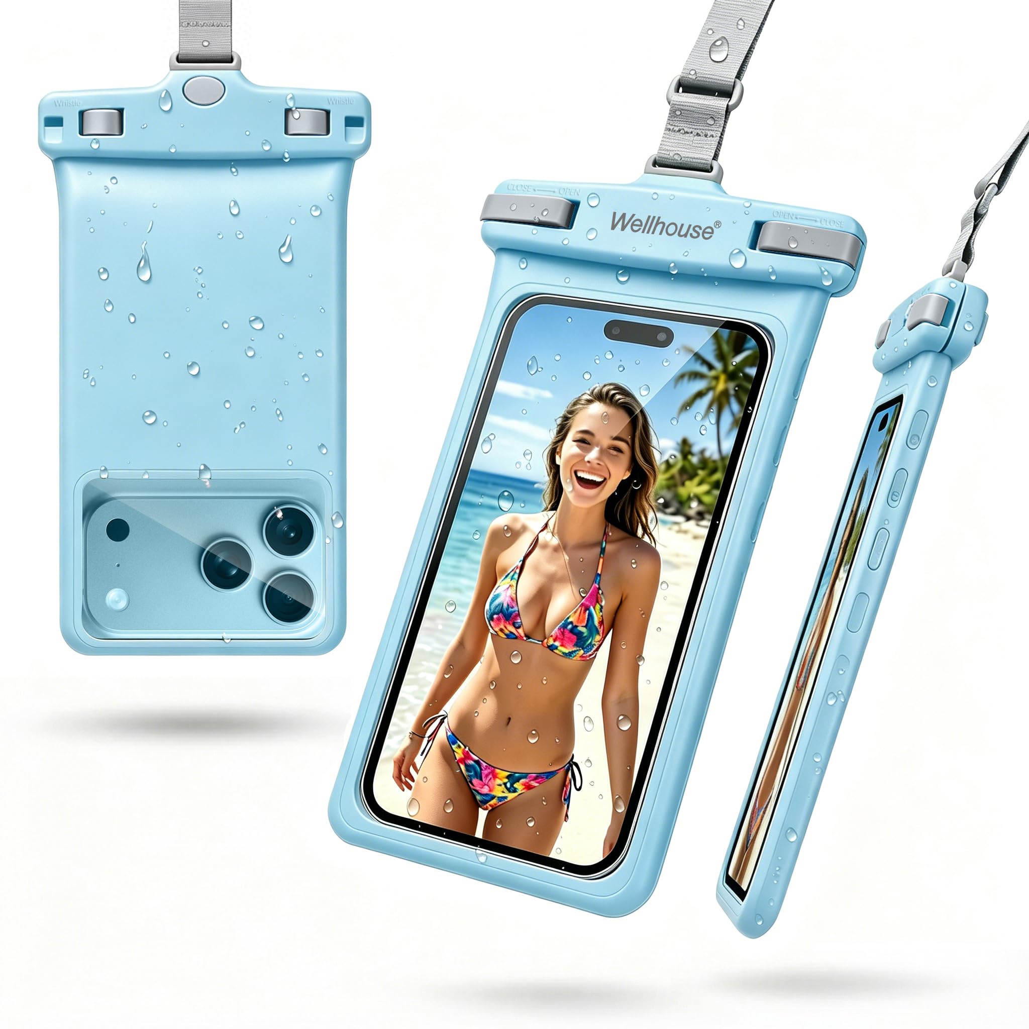 wellhouse Waterproof Phone Pouch, Waterproof Phone Case for iPhone 16 15 14 13 12 Pro Max XS Samsung, IPX8 3D Cellphone Dry Bag Beach Essentials (1 Pack - Light Blue7.0, 7 inch)