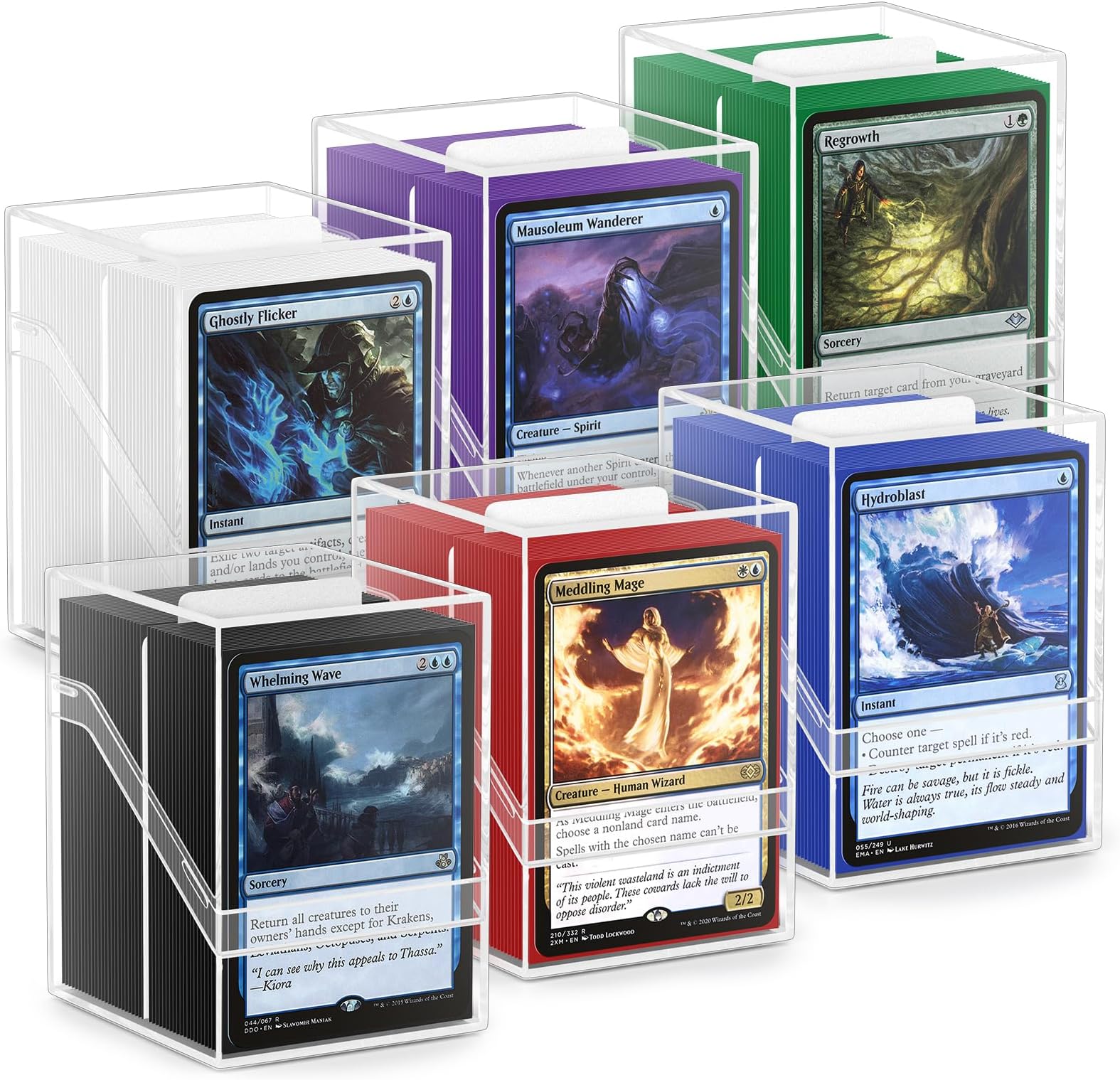6 Pack Clear Card Deck Boxes, Commander Card Deck Case with 600Pcs Card Sleeves and 6Pcs Dividers, Standard Size Card Storage Box Perfect Fit for MTG, Trading Cards, Sport Cards (6 colors)