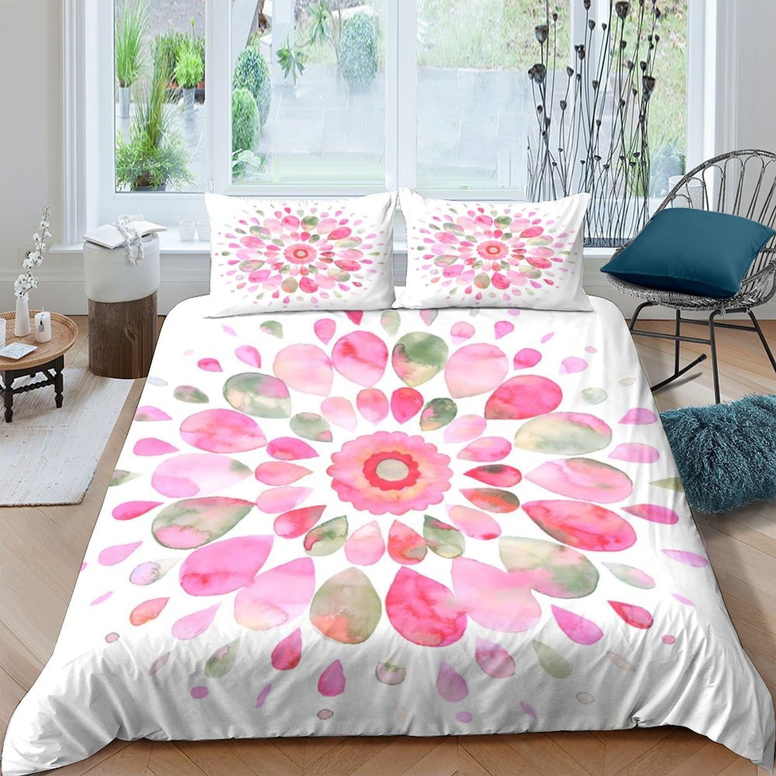 GPLZQXKJNH 3D Printed Pink Floral Mandala Duvet Cover Microfiber Soft Breathable Watercolor Flower Bedding Set with 2 Pillowcases for Bedroom Decor Single（135x200cm）