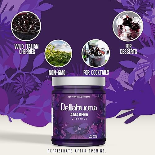 Miniatura 2 de DELLABOUNA - Tallos en tarro de cerezas Amarena, cereza silvestre italiana gourmet para cócteles premium Manhattans, Old Fashioned y postres. Jarabe