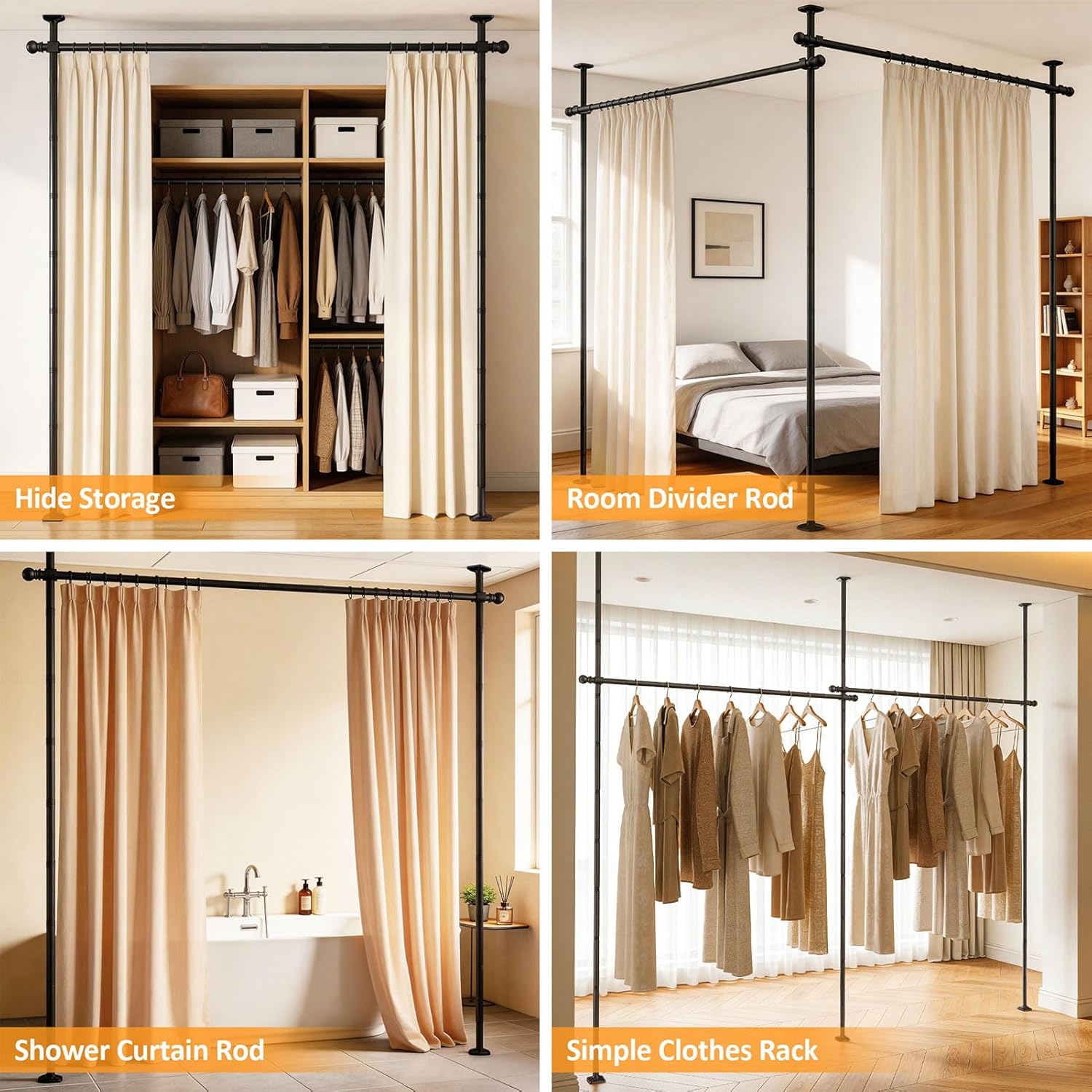 Room Divider Curtain Rod - Heavy Duty Adjustable Curtain Rod for Room Separation, Privacy Room Divider for Bedroom, 5-11ft(H) 28-116inch(W),Easy Install Wall Divider Curtain Rod,Black