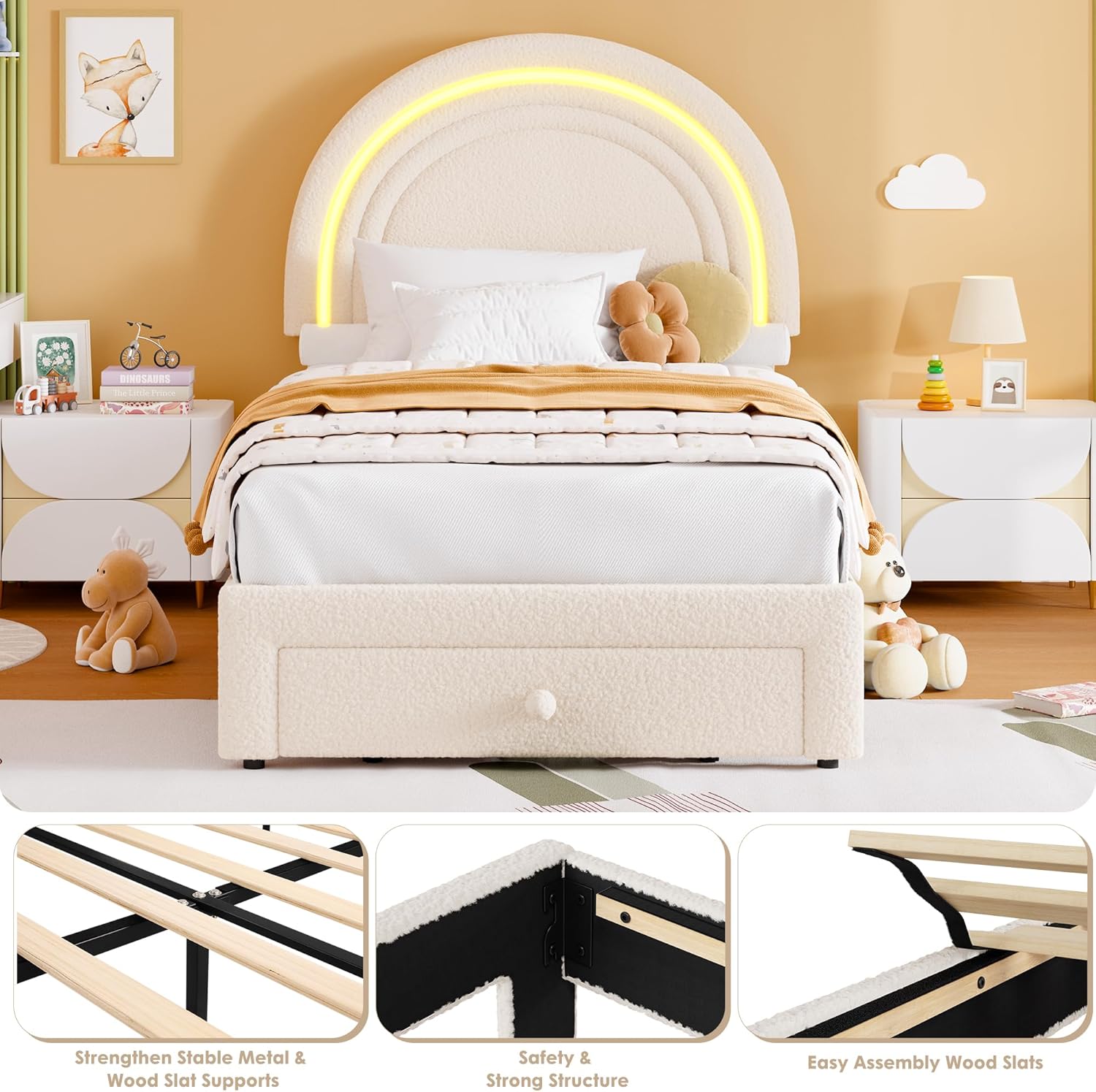 IDEALHOUSE LED Kids Bed Frame - with Rainbow Headboard & Storage Drawer, Twin Upholstered Platform Bed with Warm Lamb Wool for Girls & Boys, Solid Wood Slats No Box Spring Needed,Beige - Image 5