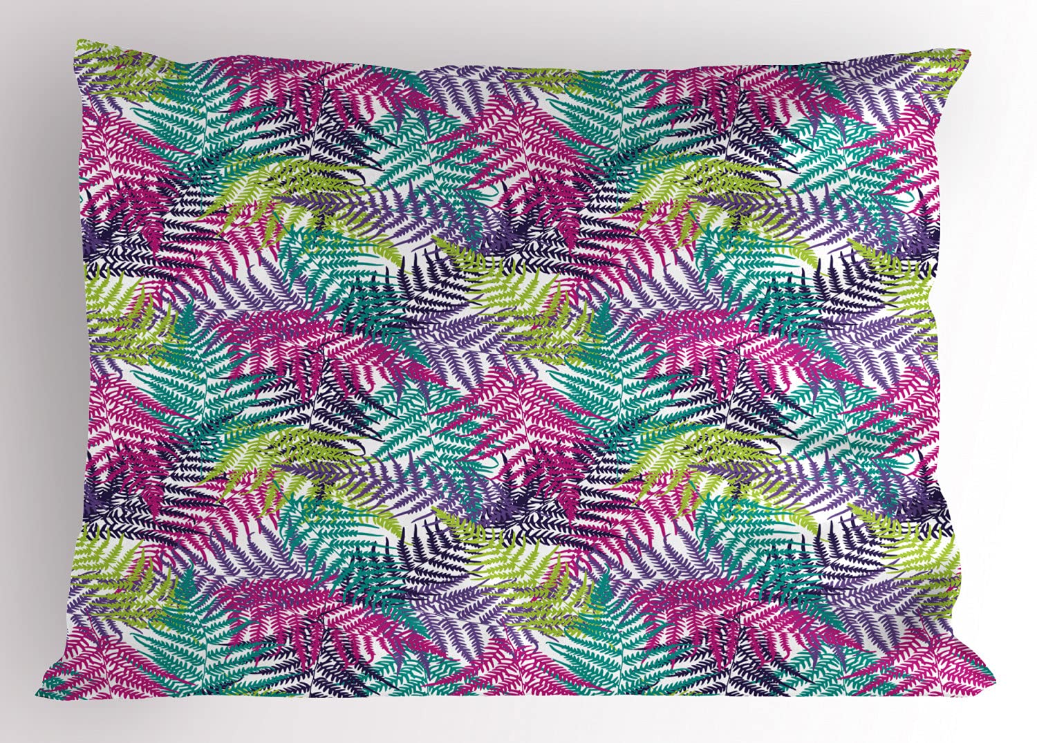 Lunarable Leaves Pillow Sham Set of 2, Hawaiian Art Colorful and Exotic Fern Fronds Pattern on Plain Backdrop, Quality Microfiber Bedding Item for All Seasons, 30