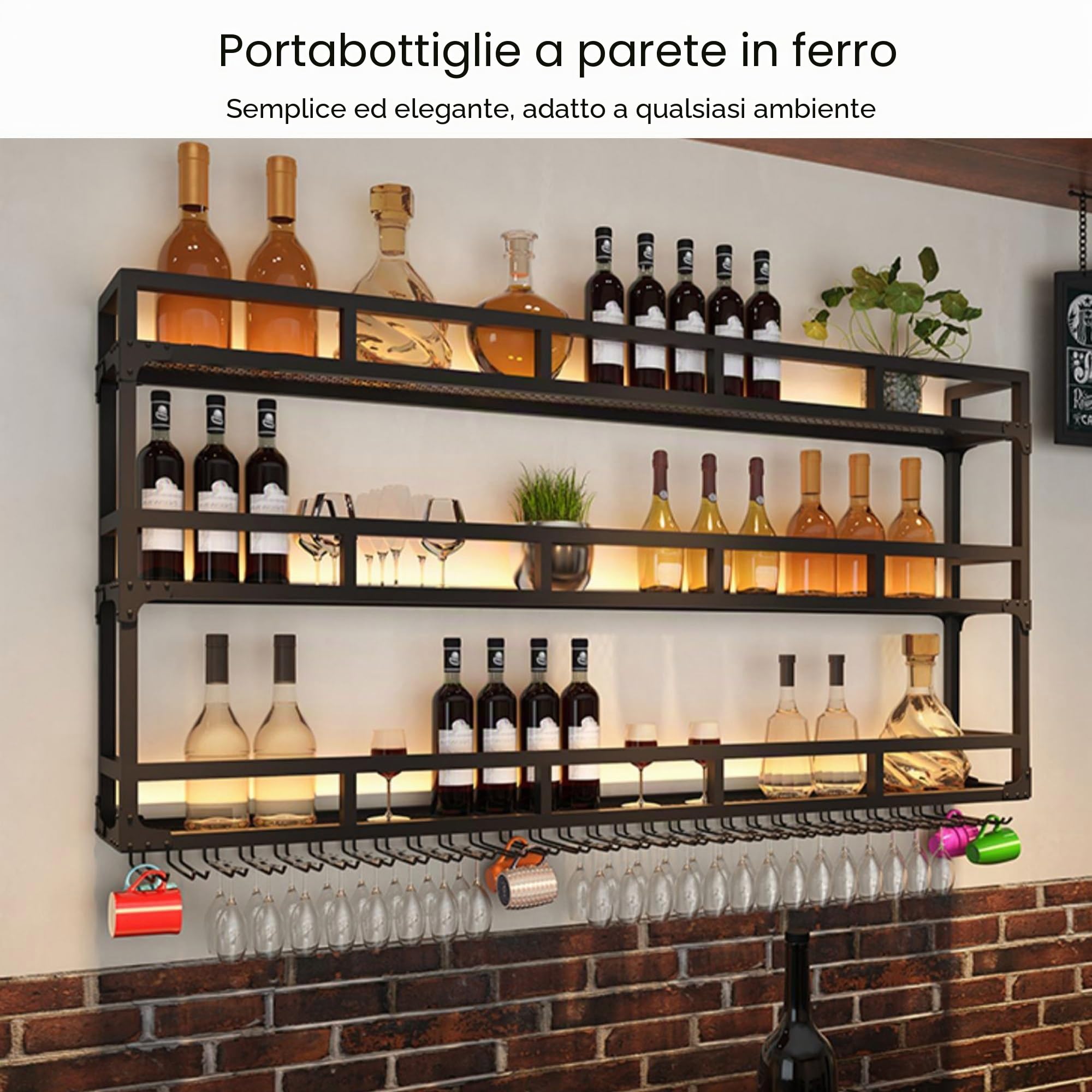 Portabottiglie con Luce Porta Bottiglie di Vino da Parete con Portabicchieri Scaffale da Parete con Porta Bicchieri Sospesi Mensole Cucina Porta Vini Angolo Bar per Casa Sala da Pranzo Bar(Black,80*25