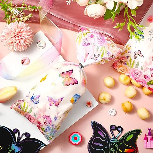 Miniatura 4 de Pajean 100 bolsas de golosinas de celofán con diseño de mariposas y flores de acuarela con 100 lazos giratorios para cumpleaños, baby shower,