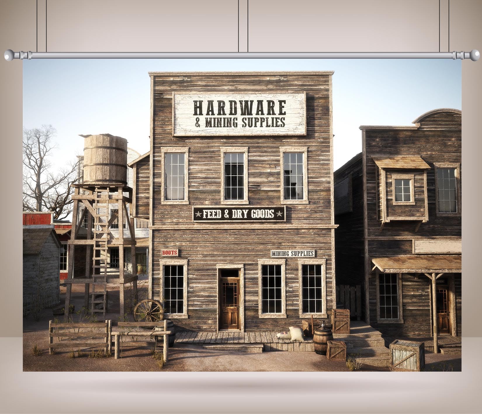 3.5x3m Sfondo Western Town Rustico Negozio di alimentari Sfondo fotografico Wild West Town Sfondo country Tema cowboy Decorazioni per feste di compleanno Studio Photo Booth Props