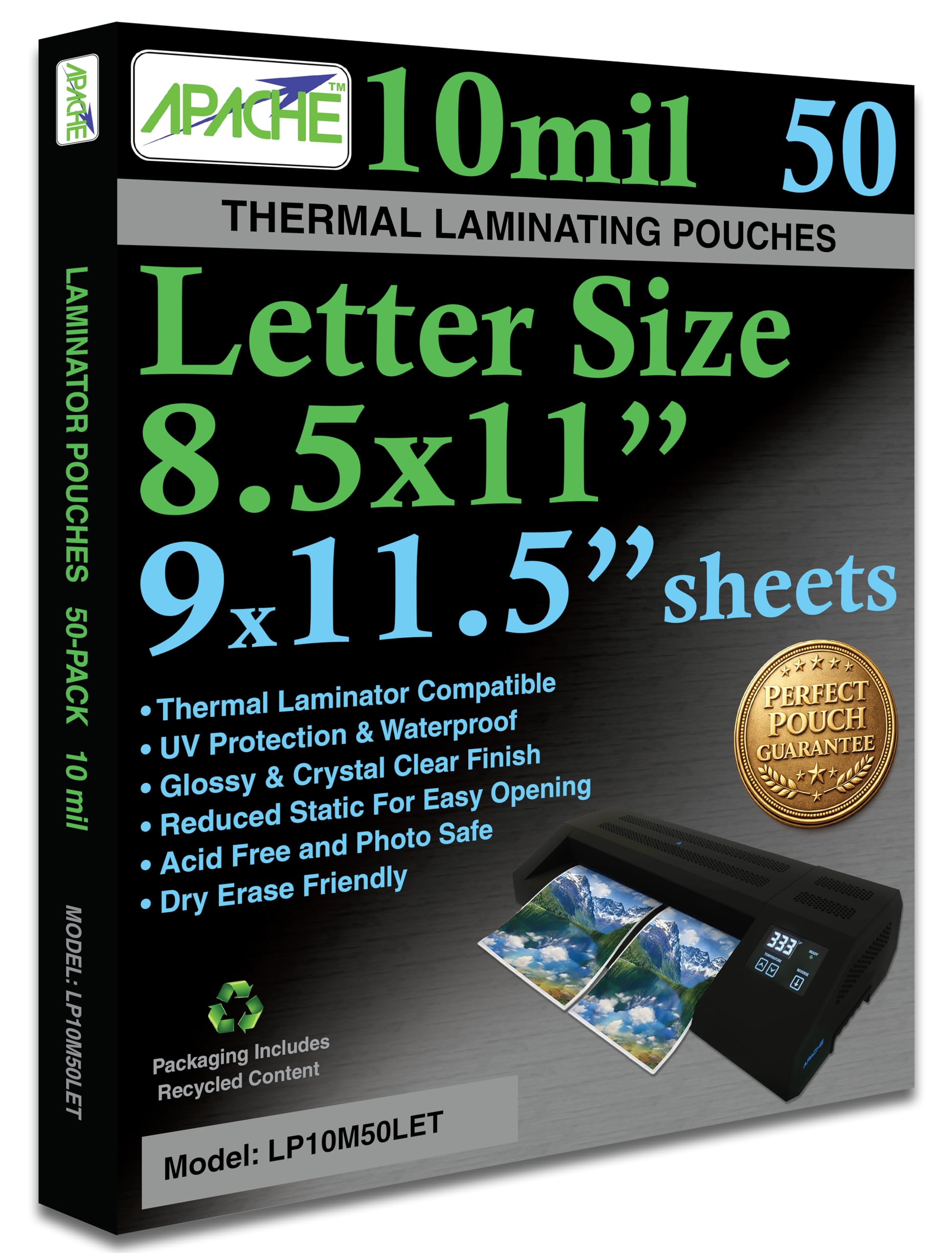Apache Letter Size Laminating Pouches, 10 Mil, 50 Pack, Holds 8.5 x 11 Inch Projects (9 x 11.5 Inch Pouch Size), Thermal Laminator Compatible Laminating Sheets, Super Clear, Round Corners