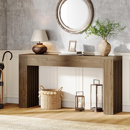 Miniatura 6 de Tribesigns Mesa de sofá consola de madera de 59 pulgadas de largo detrás del sofá con patas de listones verticales para entrada, pasillo, entrada,