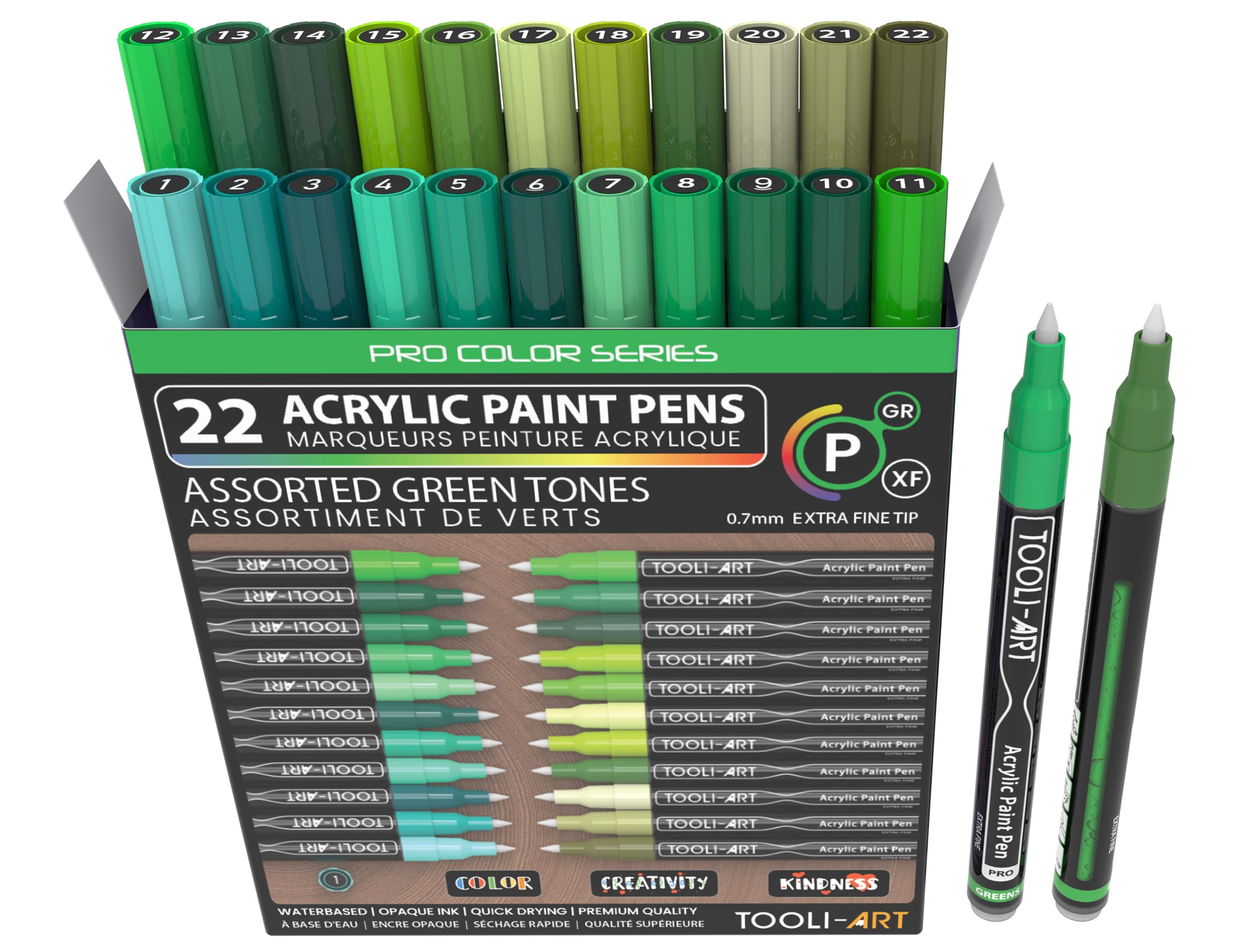 Acrylic Paint Pens 22 Green Tones Assorted Pro Color Series Markers Set 0.7mm Extra Fine Tip for Rock Painting, Glass, Mugs, Wood, Metal, Canvas, Projects, Non Toxic, Waterbased, Quick Drying