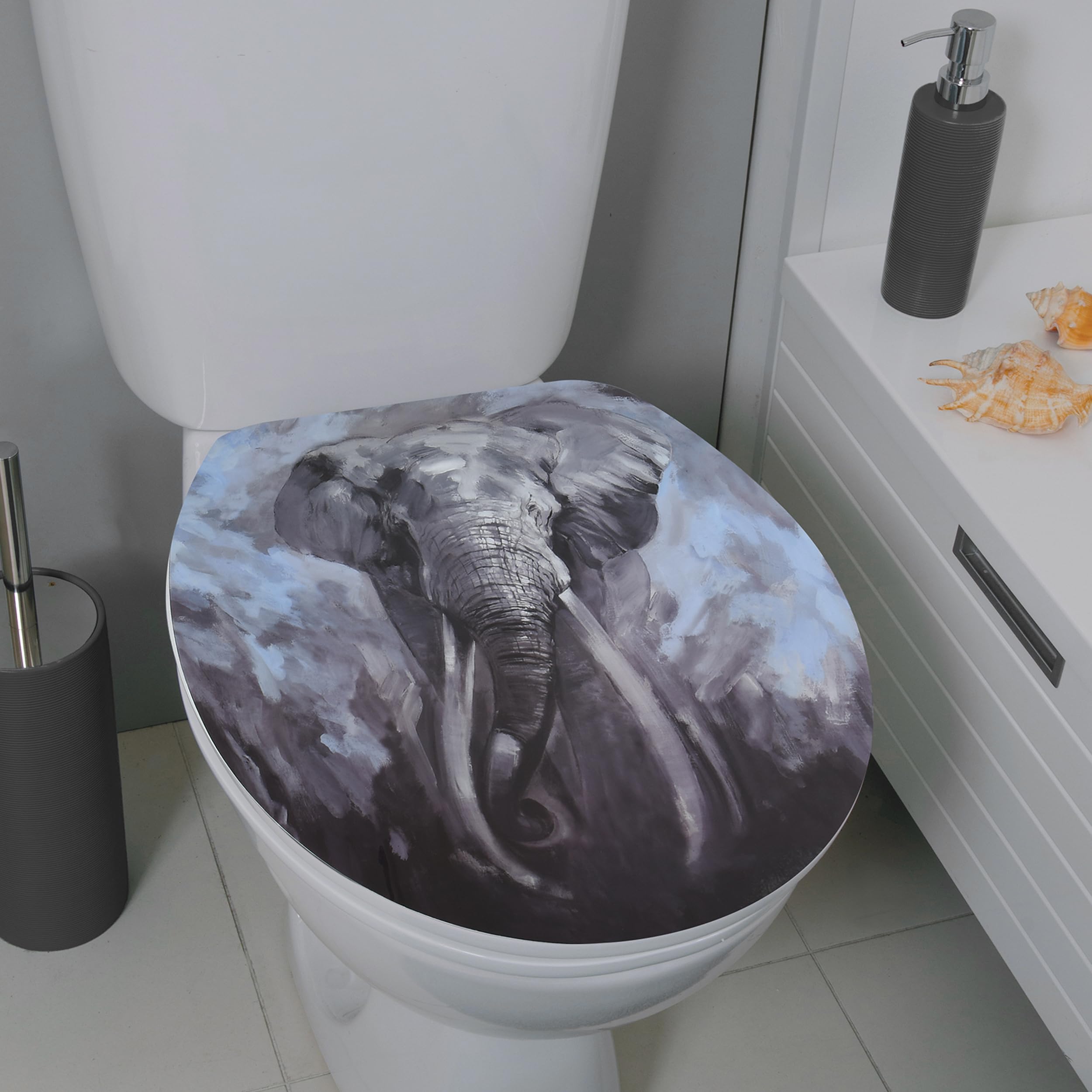 Spirella WC Deckel MDF mit Absenkautomatik Elefant mit High Gloss Finish und Schnellbefstigung Scharniere aus Edelstahl, Grau