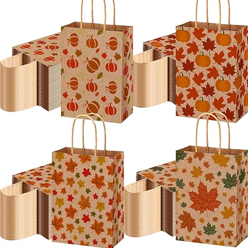 Yeaqee 100 bolsas de regalo de Acción de Gracias, bolsas de regalo de papel kraft de Acción de Gracias con asas, bolsas de regalo de calabaza, pavo,