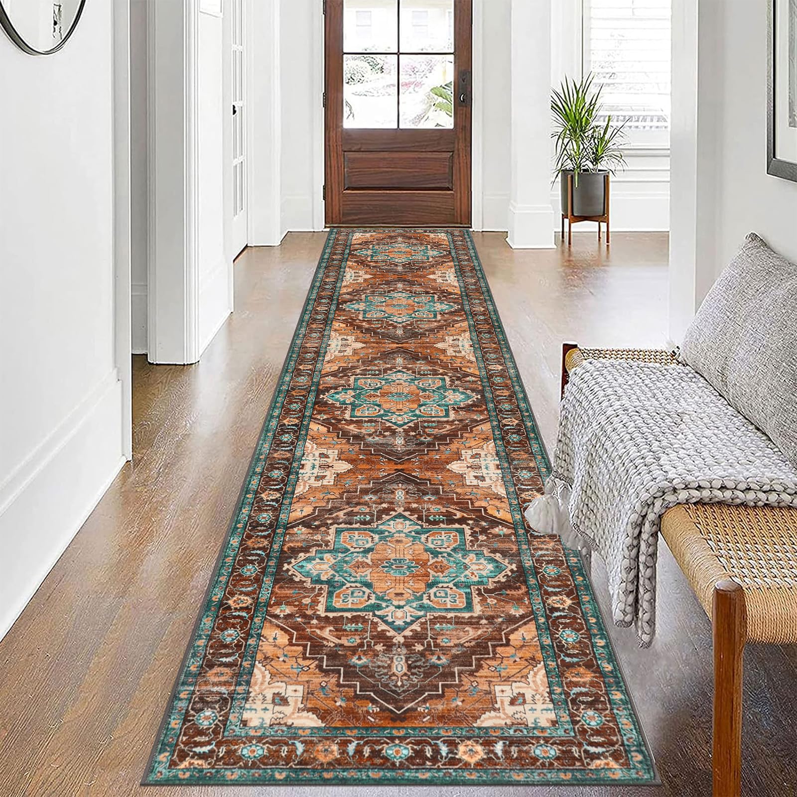Pauwer Farmhouse Vintage Medallion Area Rug - 2x10, Soft Washable Kitchen Rug, Non Slip Floor Runner for Entryway, Laundry