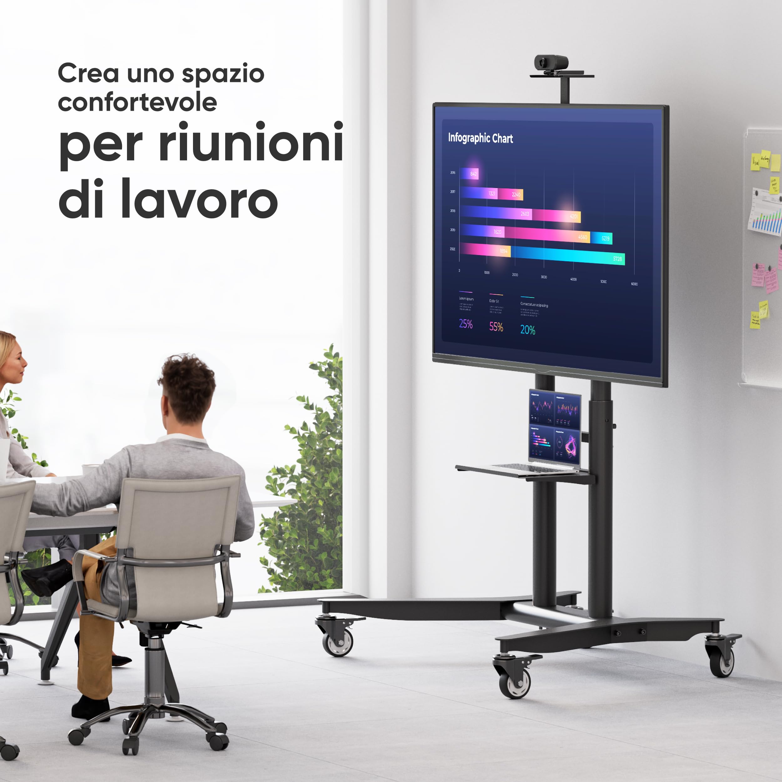 ONKRON Supporto TV con Ruote 55"-90", 75 kg, max VESA 800x600, TS1871-B | Carrello per televisore nero, altezza 1085-1590 mm, ripiano AV, mensola per webcamera, struttura in acciaio; per fiere e sale
