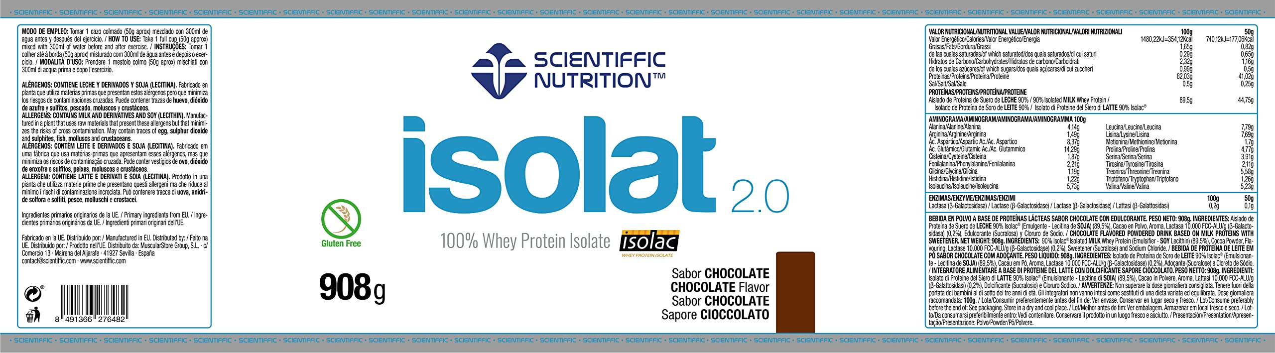 Scientiffic Nutrition - Isolat 2.0, Whey Protein, Suplemento de Proteina Aislada ISO con Lactasa, Proteina de Suero de Leche en Polvo - 908g, Chocolate.
