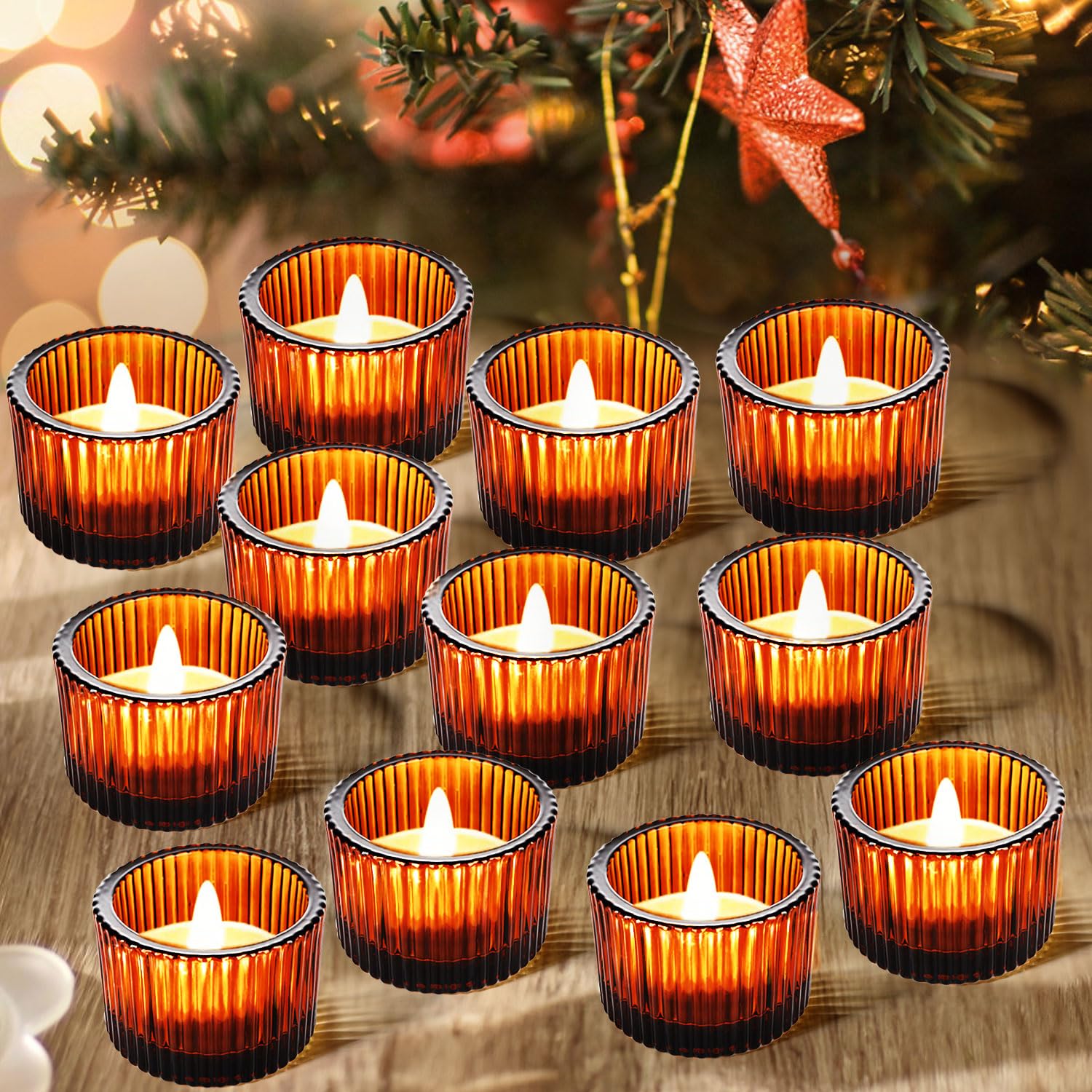 JOYIT Amber Votive Candle Holders Bulk Set of 24, Tealight Candle Holder for Wedding Table Centerpiece, Glass Small Candle Holders for Birthday Party,
