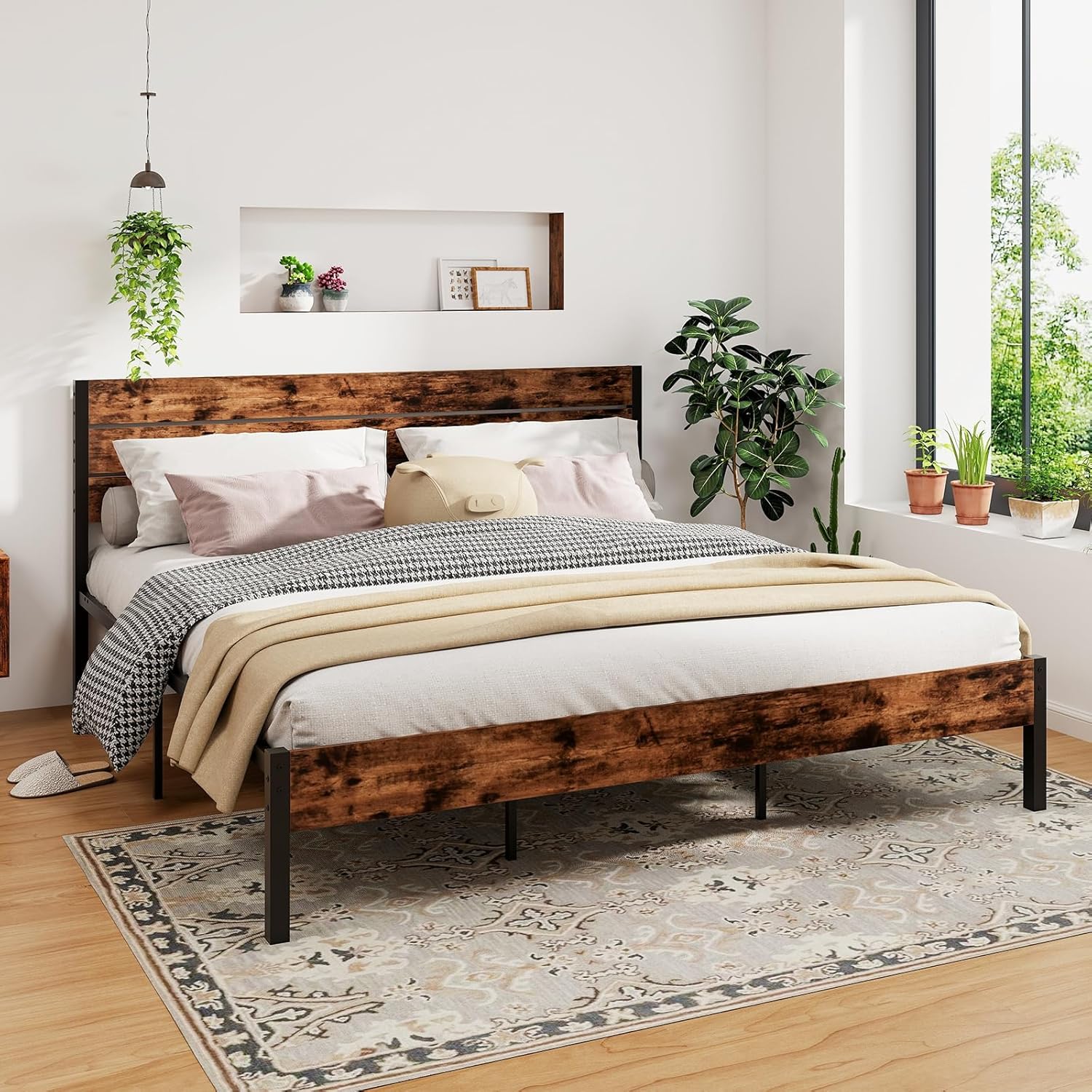 GOFLAME King Size Bed Frame with Headboard, Metal Platform Bed with Under-Bed Storage Space & Slatted Headboard, Industrial Bed Base, No Box Spring Needed Mattress Foundation, Rustic Brown