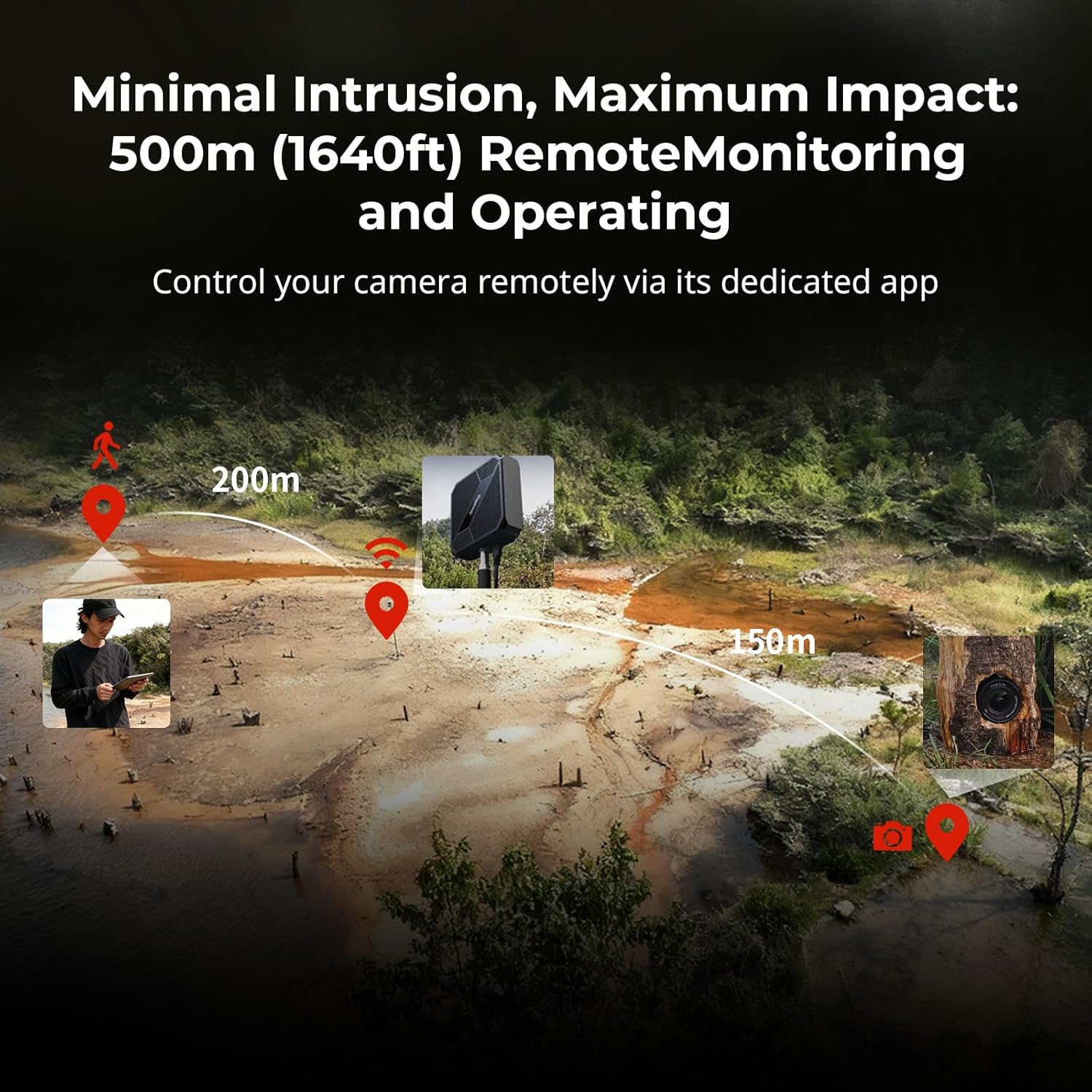 A person remotely monitoring a camera setup in a natural environment from 500m away using the SmallRig Wireless Tethering Hub.