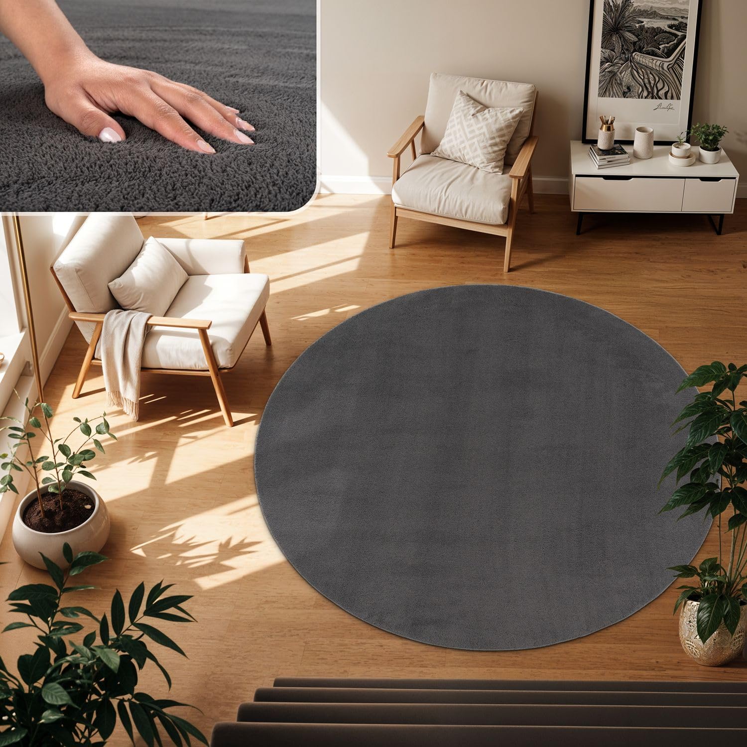TT Home Large Rug Short Pile Monochrome Modern Design Washable, colour: Anthracite, Size:120 cm round