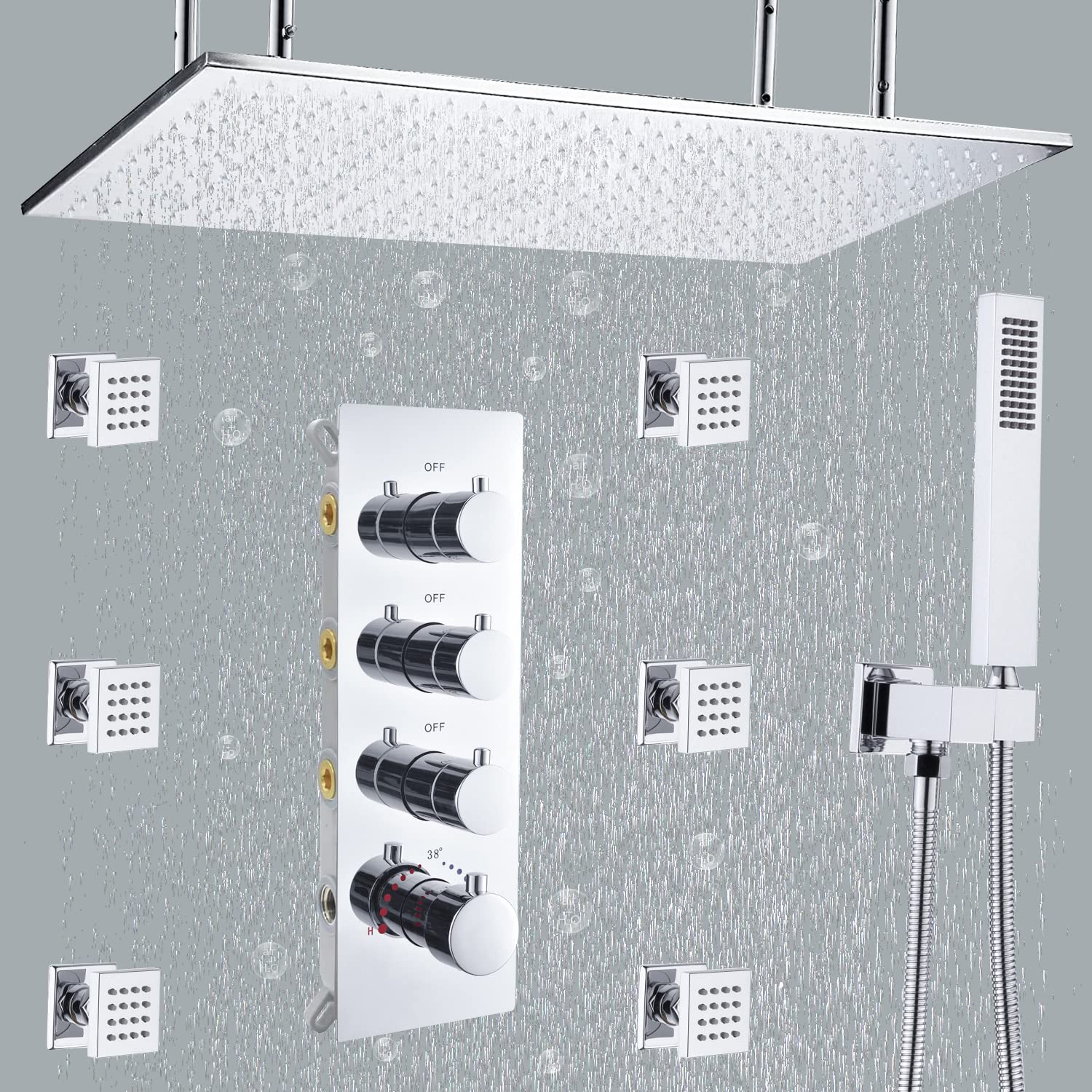 Drettyer 31 1/2inch Thermostatic Shower System with 6 Body Jets, Chrome Ceiling Rainfall Shower Faucet Combo Set with Mixer Valve Trim Kit Can Use All Function At Same Time