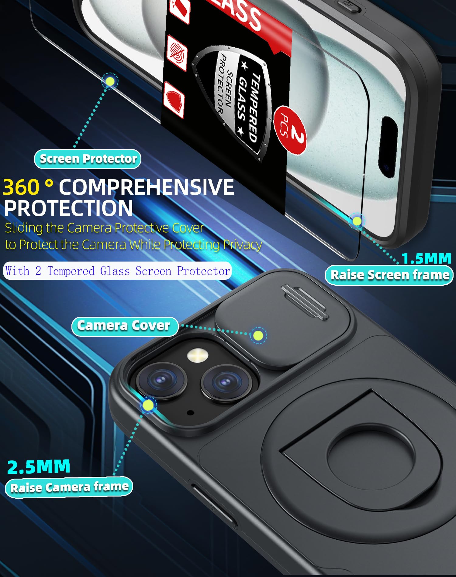 FRLMOOES for iPhone 15 Case Magnetic Compatible with MagSafe Wireless Charging,with 2 Screen Protectors,Built-in Kickstand Ring,with Camera Cover Shock-Absorbent Shockproof Heavy Duty Protection Black - Image 3