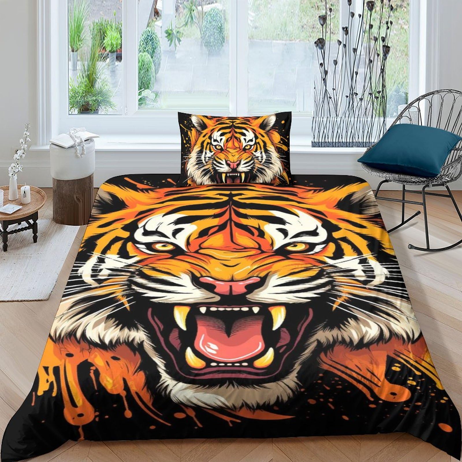 Housse de couette tigre 3D 135x200cm avec taie d'oreiller pour lit enfant
