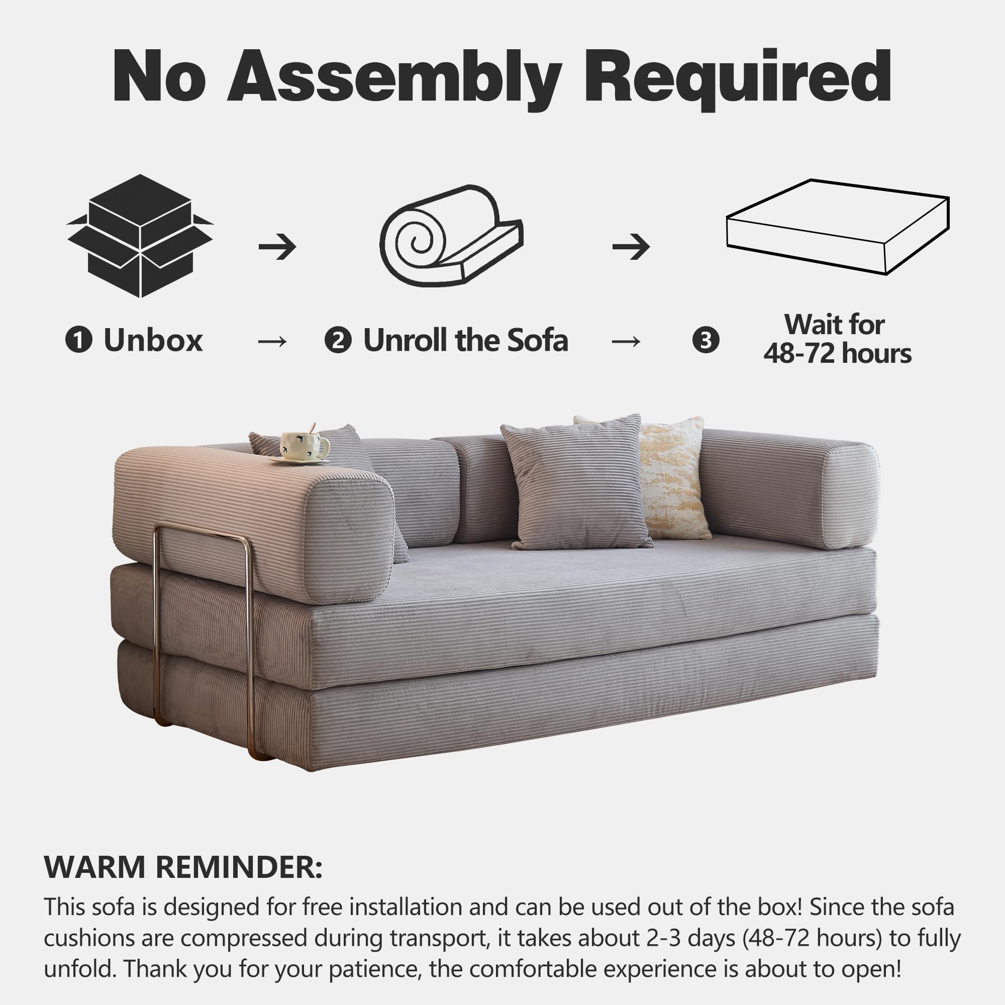 LIAROO 78.8" Convertible Sofa Bed - Compression Sofa with Corduroy Fabric - with Armrests and Backrest - Modular Sectional for Living Room, Bedroom, Studio - Compression Sofa in Box (Grey): 78.8IN Grey