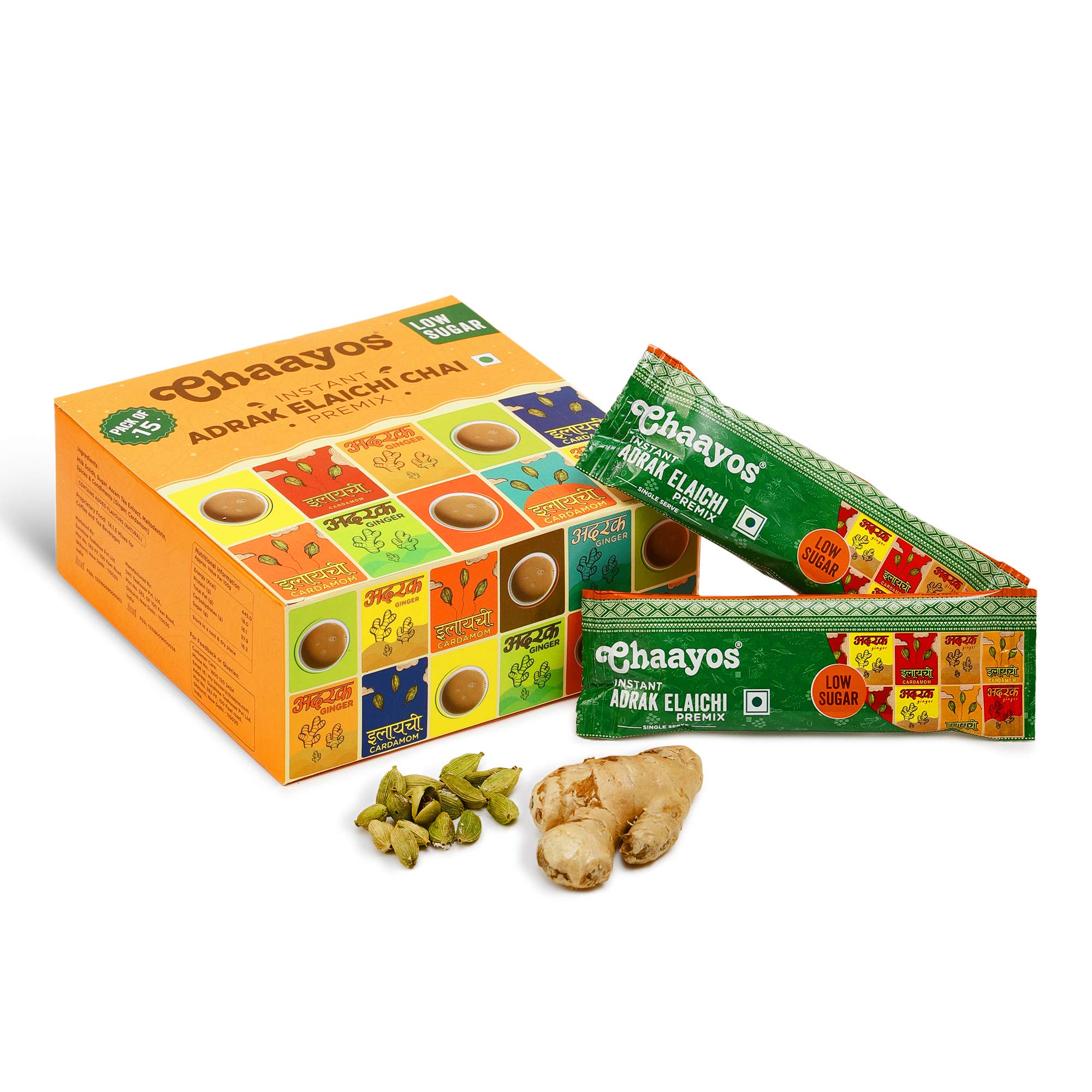 Chaayos Instant Tea Premix - Low Sugar - Adrak Elaichi Flavour (15