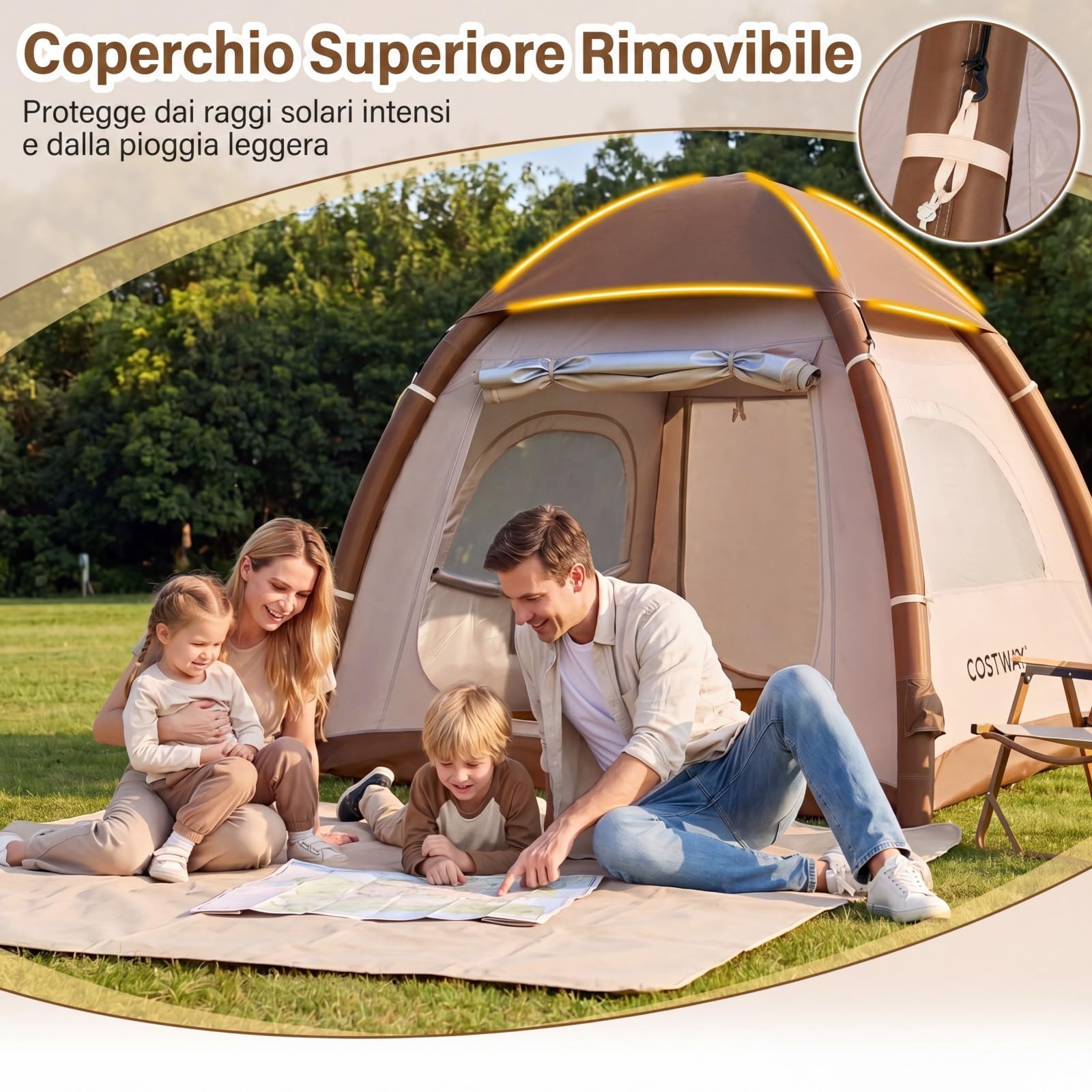 COSTWAY Tenda da Campeggio Gonfiabile per 4 Persone, Tenda da Spiaggia con Poma, 2 Porte, Lucernario e Finestre, in Tessuto Impermeabile, con Copertura Rimovibile e Borsa, 208 x 208 x 196 cm
