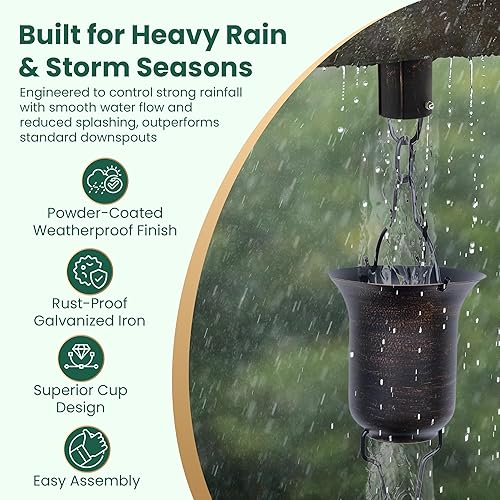 Miniatura 3 de OUT ESSENTIALS - Cadena de lluvia de cobre de 11 pies con estaca de anclaje y adaptador de canalón, cadenas de lluvia para canalones para lluvia