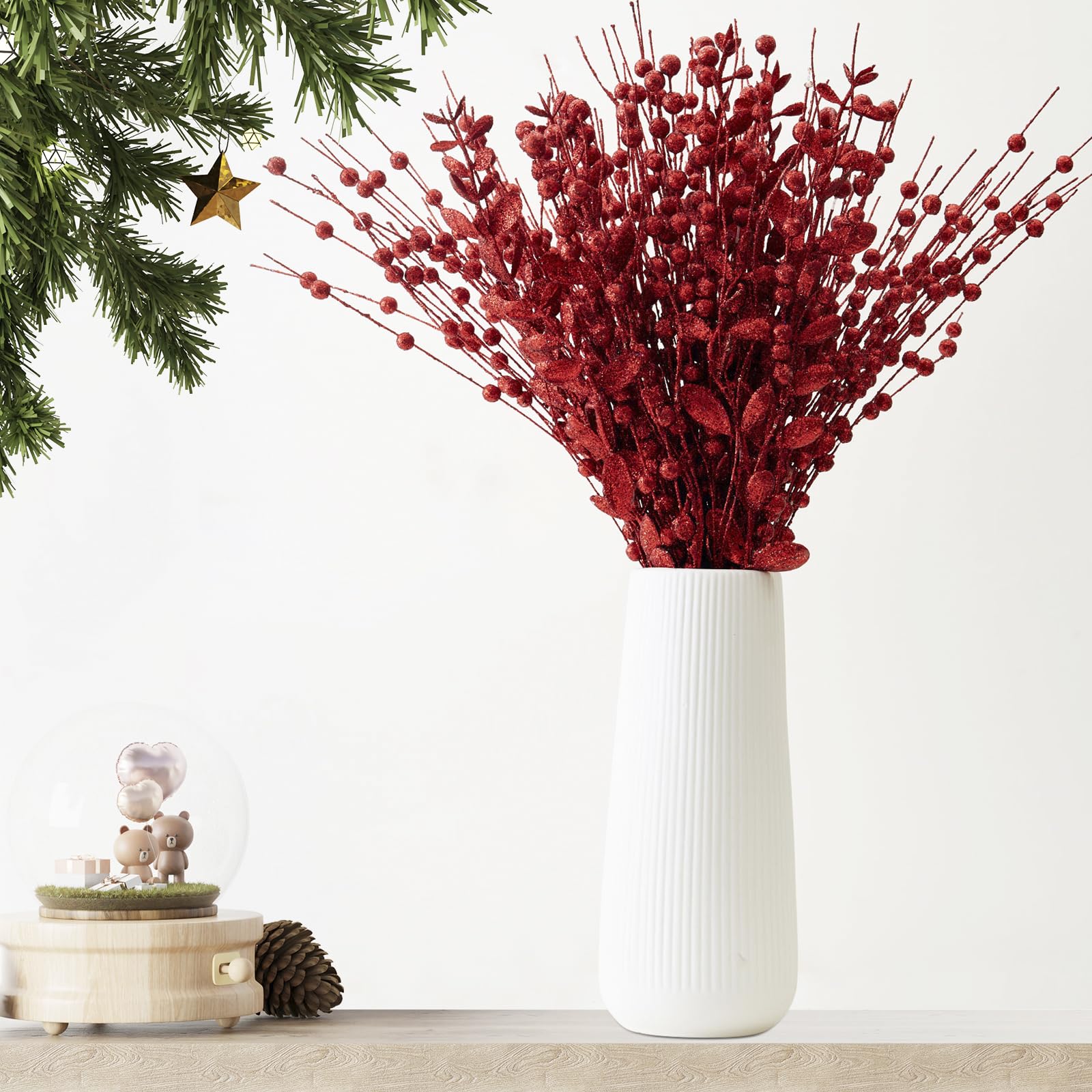 CristBest Paquete de 24 adornos para árbol de Navidad, ramas artificiales con purpurina para decoración de árbol de Navidad, jarrón pequeño, vacaciones, bodas, decoraciones de fiesta (rojo)