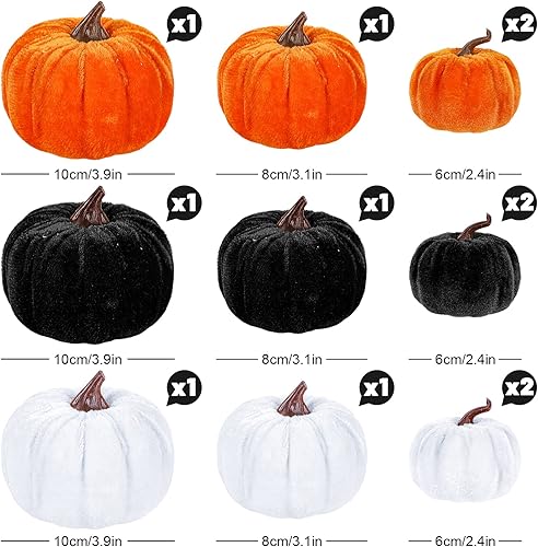 Vista 2 de 12 calabazas artificiales de Halloween, 3 tamaños, calabazas falsas de terciopelo de espuma sintética, calabazas naranjas, negras y blancas, centro