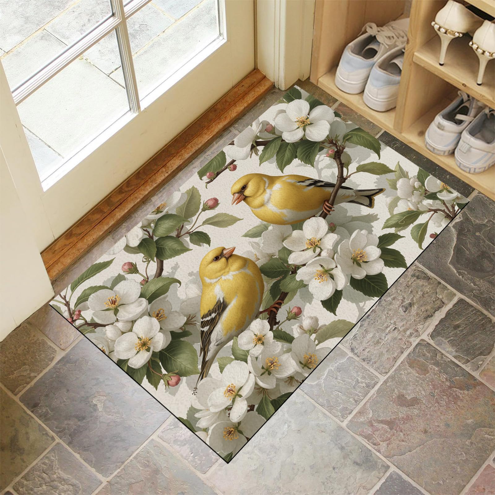 Tapis de porte motif d'oiseau jaune contre les sols sales