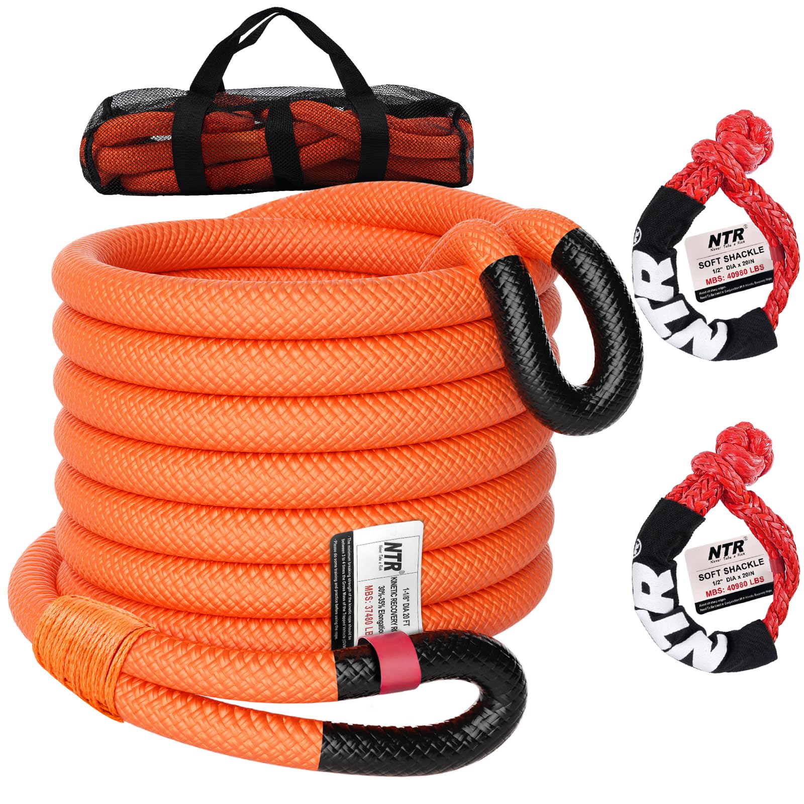 NTR Lina holownicza Kinetic Recovery 1-1/20.3 cm x 30' (17 kg), z 2 miękkimi szeklami UHMWPE (18,6 kg), wytrzymały pasek do zrywania terenowego, zestaw do odzyskiwania pojazdu do samochodów jeepa,