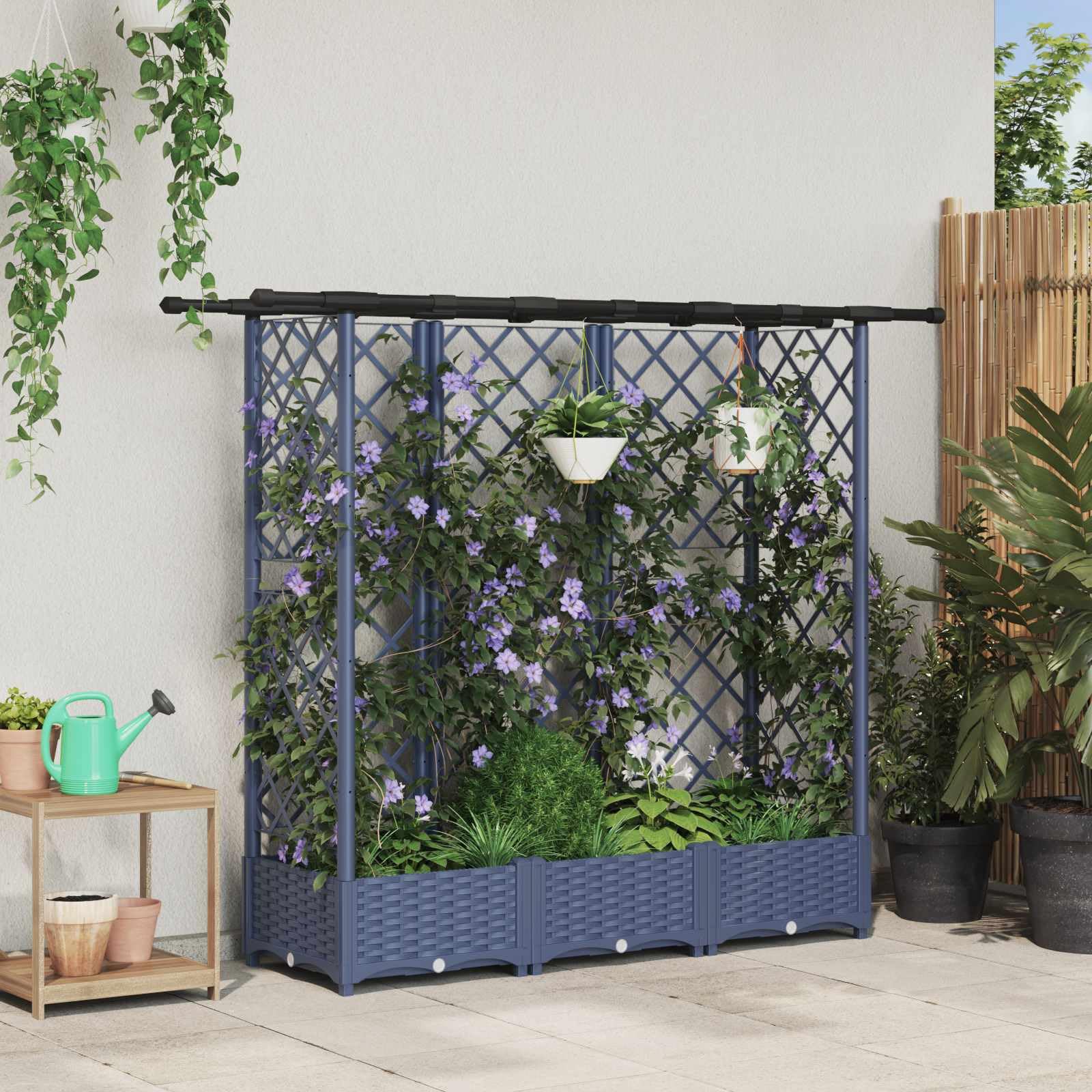 Jardinera con enrejado y techo gris de polipropileno, 164 x 40 x 121 cm, maceta para balcón, terraza, jardín, con orificio de drenaje, almacenamiento de agua, para hierbas, verduras, plantas