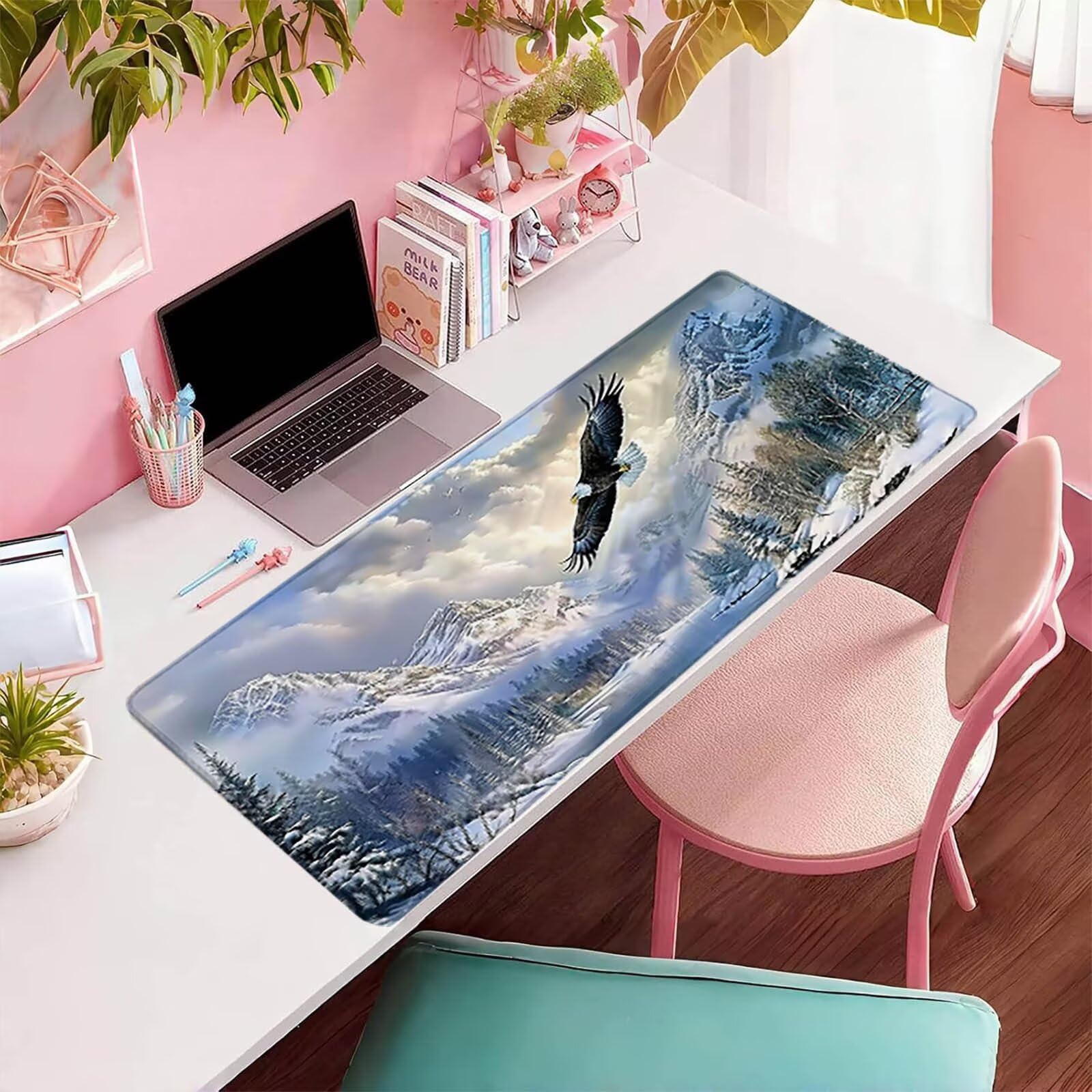 Alfombrilla Ratón Gaming Blanco, Alfombrilla Ratón XXL 1600x800x3mm, Mouse Pad con Bordes cosidos, Tapete Escritorio con Base de Goma Antideslizantek, Accesorios Gaming, Regalo Mujer, áGuila 3-5569