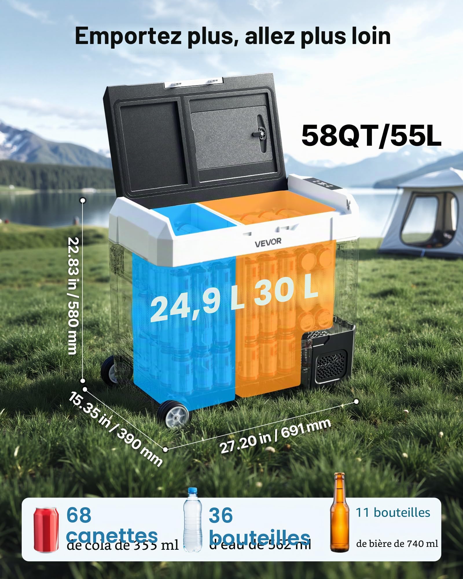 VEVOR Réfrigérateur Portable à Compression 55 L, Glacière Électrique DC 12/24 V et AC 100-240 V, pour Camping Pêche Caravane, Mini Frigo Voiture à Double Zone, -20 à 20 °C, Contrôle via Application