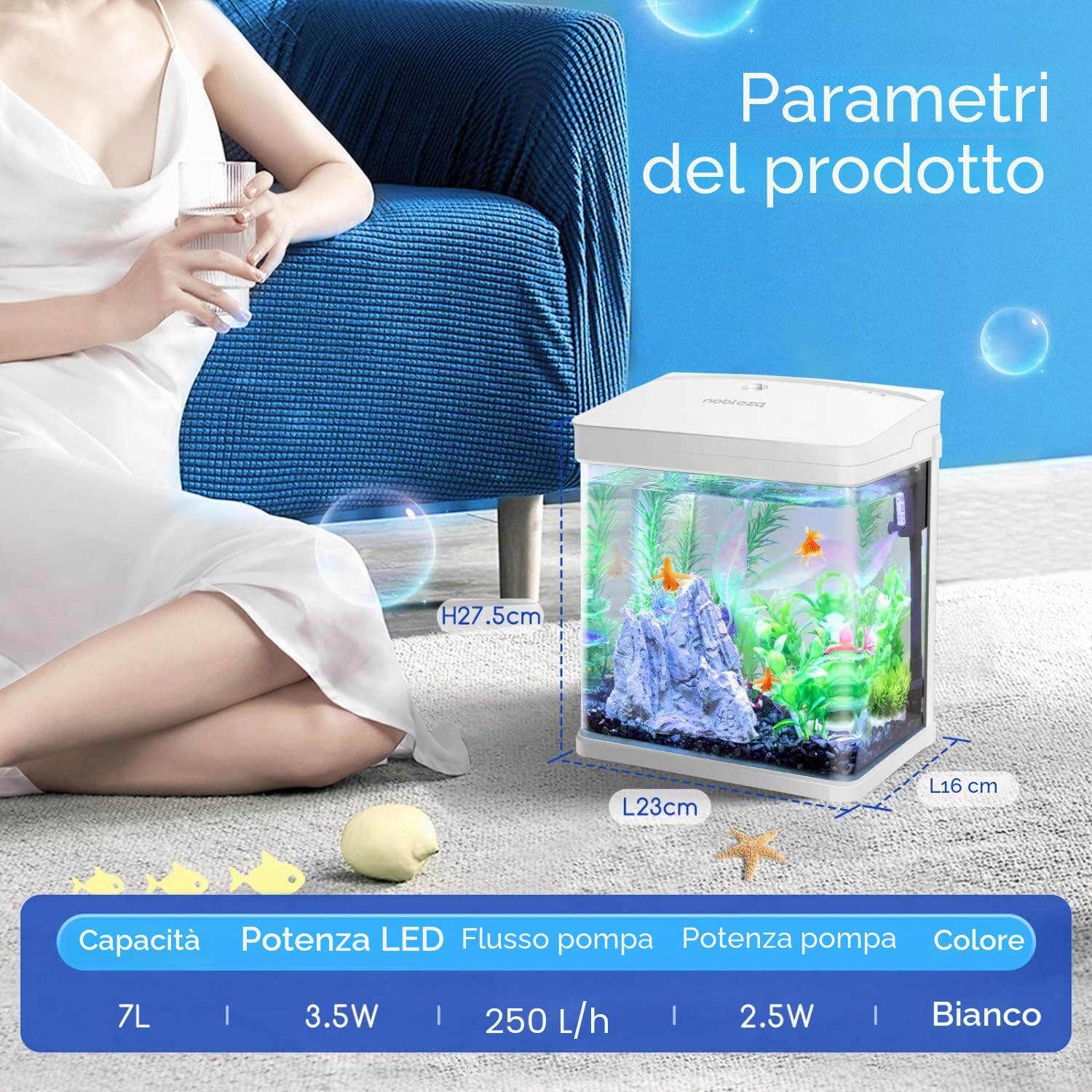 Nobleza - Nano Acquario in Vetro e Plastica per Pesci Acqua Tropicali con Illuminazione a LED e Filtro Inclusa. 7 Litri, Colore Bianco.