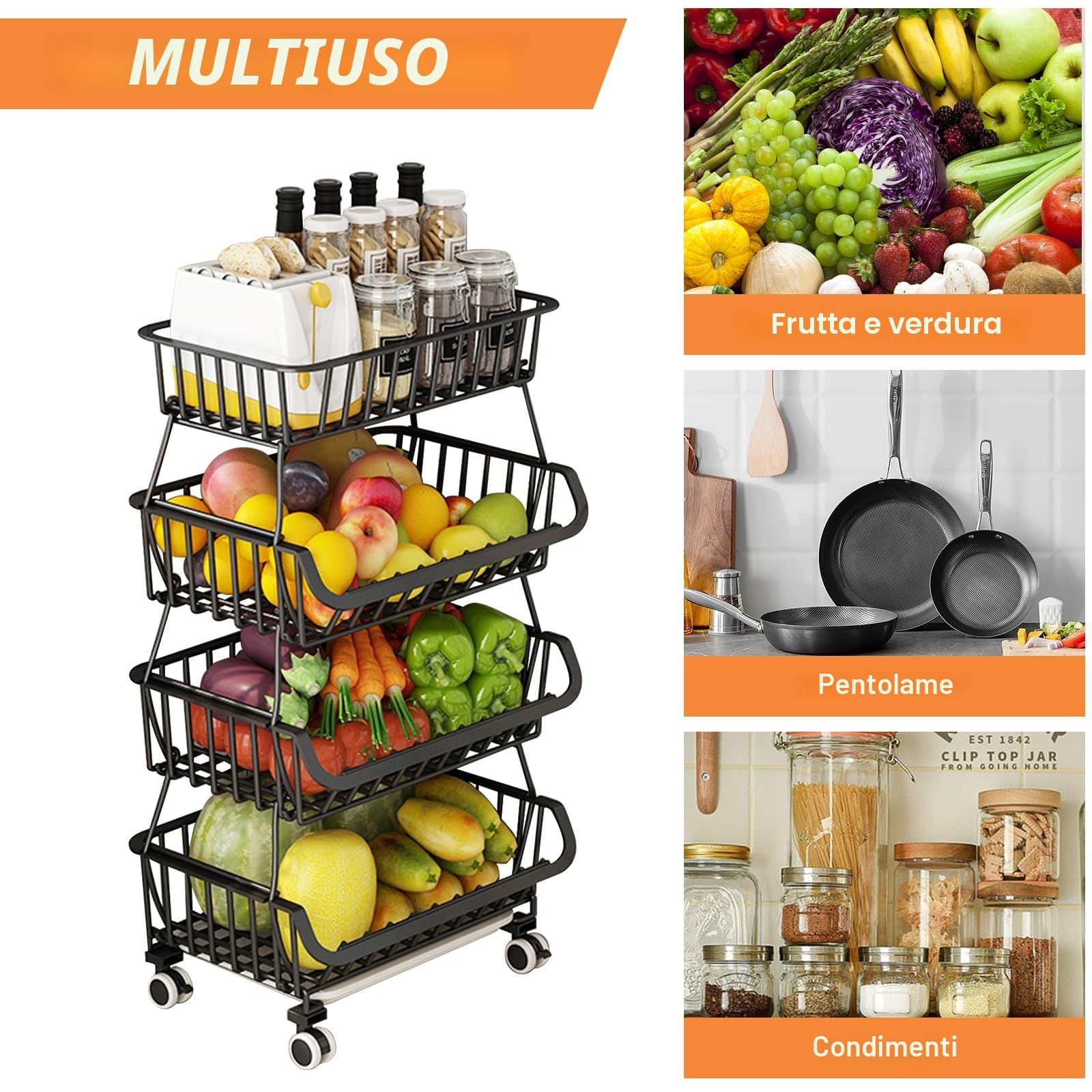 Carrello Portafrutta,Cestino per Frutta a 4 strati Cestino Cesti Impilabili su Ruote,cesto per frutta e verdura per Cucina, Dispensa, Ripostiglio, Bagno,verdura, articoli da toeletta