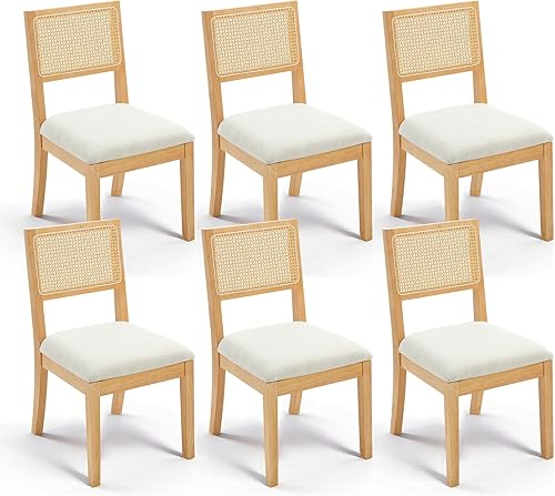 Miniatura 10 de Westice Juego de 4 sillas de comedor de ratán, sillas de comedor naturales estilo granja con cojín tapizado, sillas sin brazos de madera