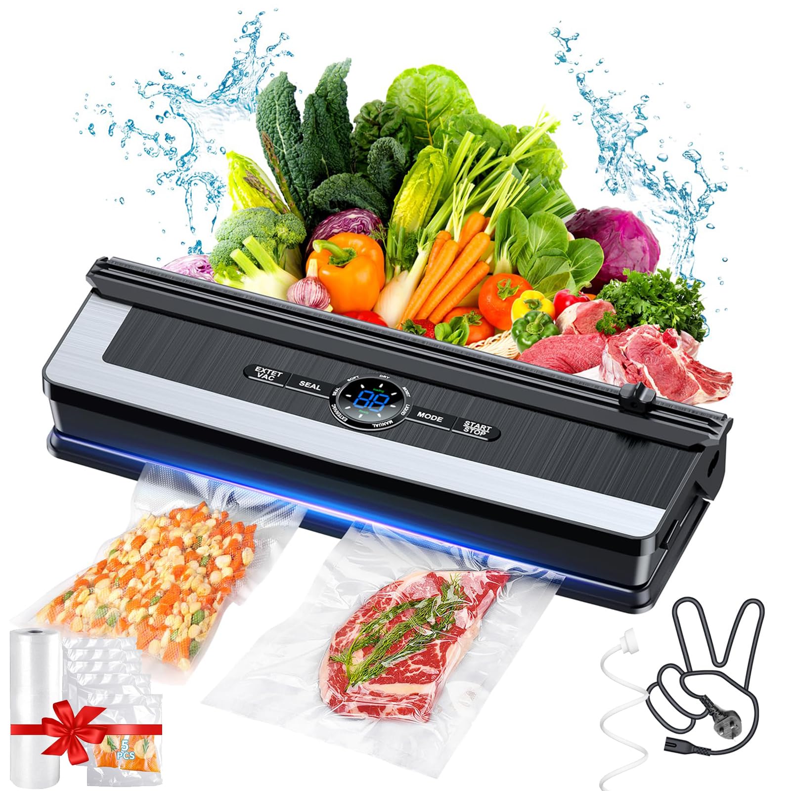 Vacuum Sealer Machine - 8 in 1 Food Vacuum Sealer Machine with Build-in Cutter Automatic Air Sealing System LED Indicator for Food Storage Dry and Moist Food Modes with 5Pcs Seal Bags Kit