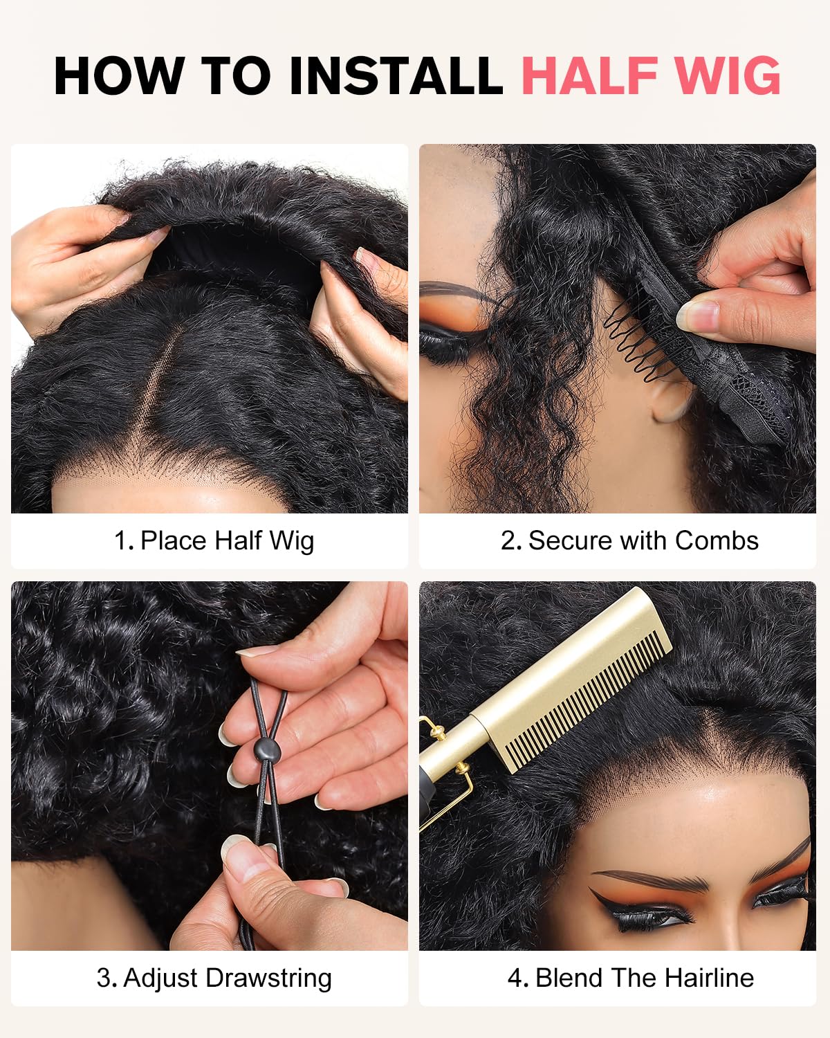 Half Wig Human Hair 200 Density Kinky Curly Half Wig 3 In 1 Seamless Flip Over Glueless Wigs Human Hair with Drawstring Beginner Friendly Curly Wig Headband Wig for Women Daily Wear 16 Inch - Image 3