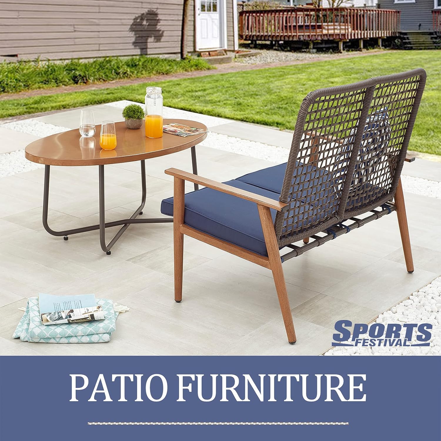 Outdoor Loveseat Patio Furniture Rattan Wicker Bench with Seat Cushions and Wood-Like Top Coffee Table for Porch Yard, Blue