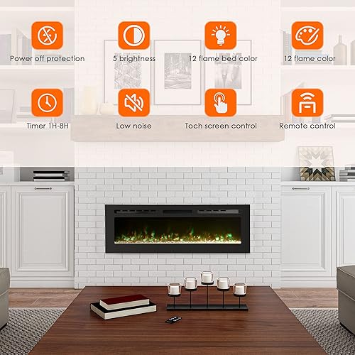 Vista 5 de Inserto de chimenea eléctrica de 50 pulgadas, montado en la pared, control remoto, diseño lineal, 750/1500W.