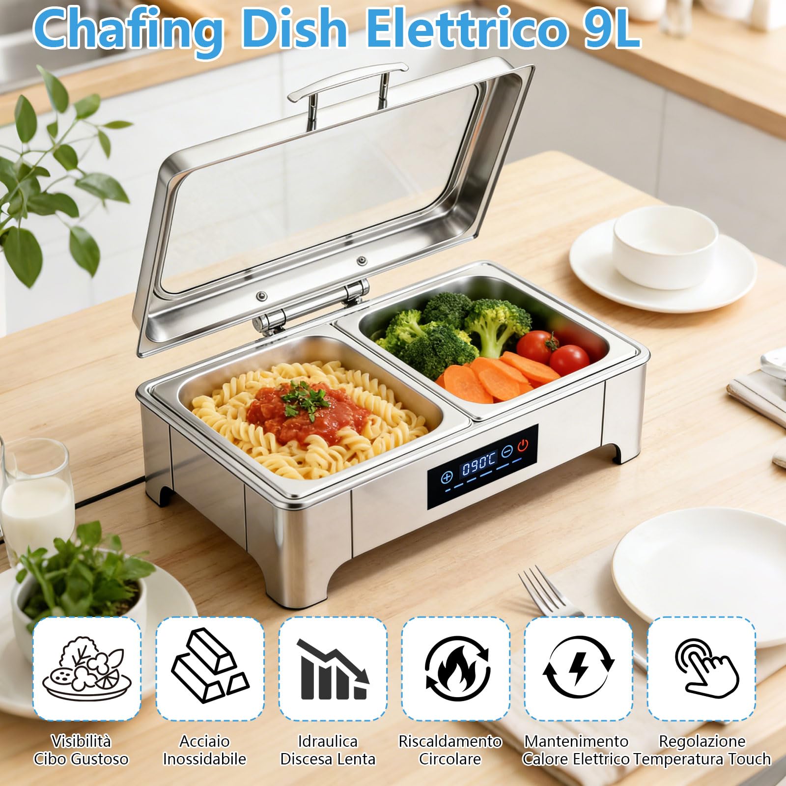 Chafing Dish Elettrico 9L, Scaldavivande Elettrico per Buffet Acciaio Inox 304, Chafing Dish Buffet con 35-90°C Temperatura Regolabile e Coperchio Visibile, per Banchetti, Feste e Eventi(1/2 Pan)