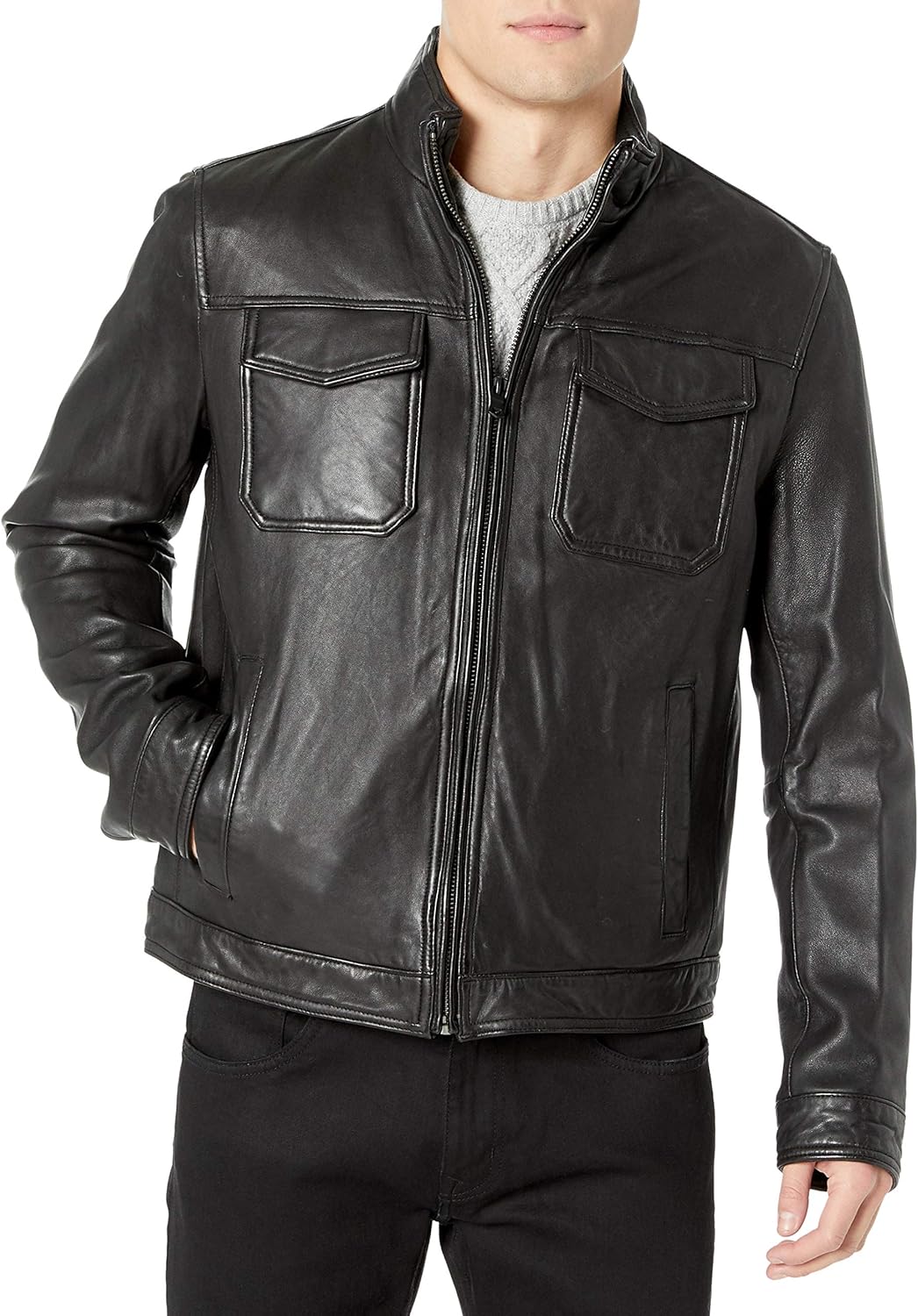 Tommy Hilfiger Men’s Genuine Smooth Lamb Leather Stand Collar Trucker Jacket Tommy Hilfiger Men’s Genuine Smooth Lamb Leather Stand Collar Trucker Jacket