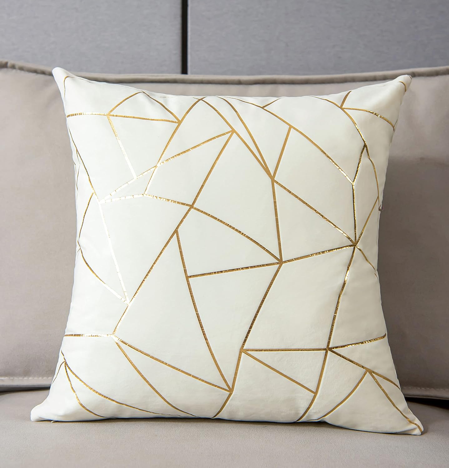 YONGLIU 2 Packs Velvet Cushion Cases Decorative Gold Foil Geometric Pattern Ultra-Soft Square Throw Pillow Covers for Modern Homes Couch Sofa Bedroom Living Room Car Chair (Off White, 16"X16") - Image 2