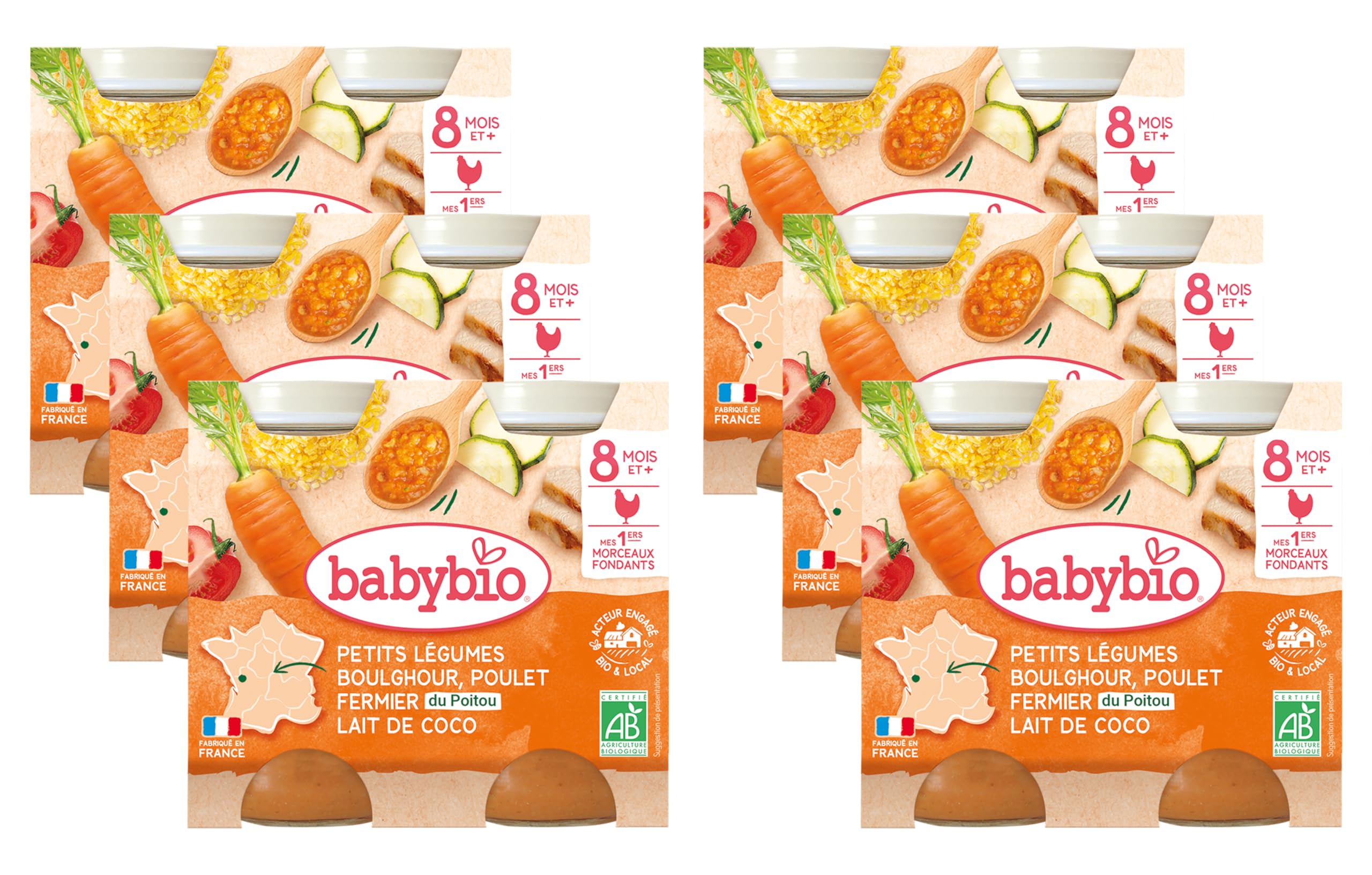 Babybio - Petits pots - Petits légumes Boulghour Poulet Lait de coco avec morceaux - BIO - 8+ mois - 2x200g - Lot de 6